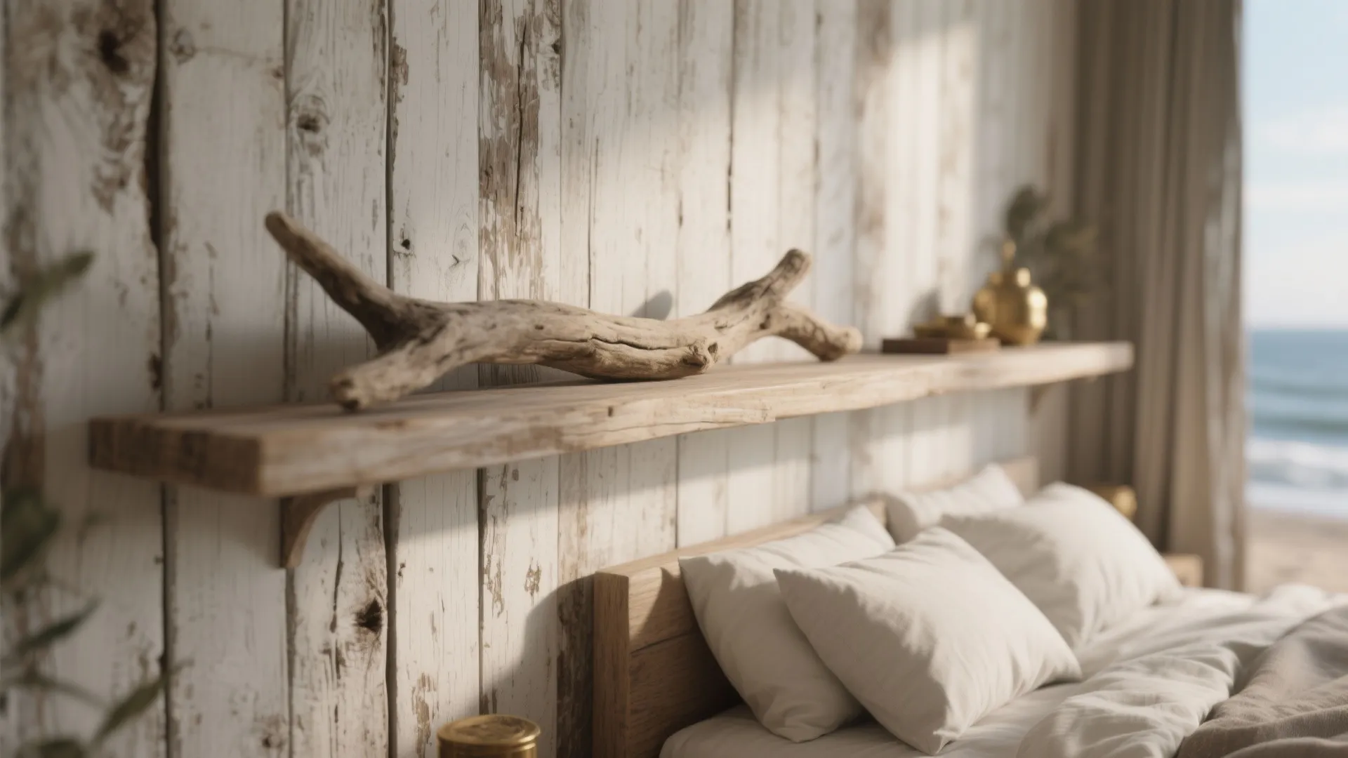 Close-up of whitewashed reclaimed wood accent wall and floating shelf with weathered texture.
