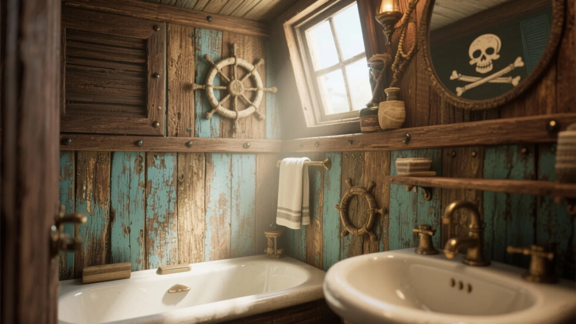 Bathroom with distressed wood wall panels and nautical style