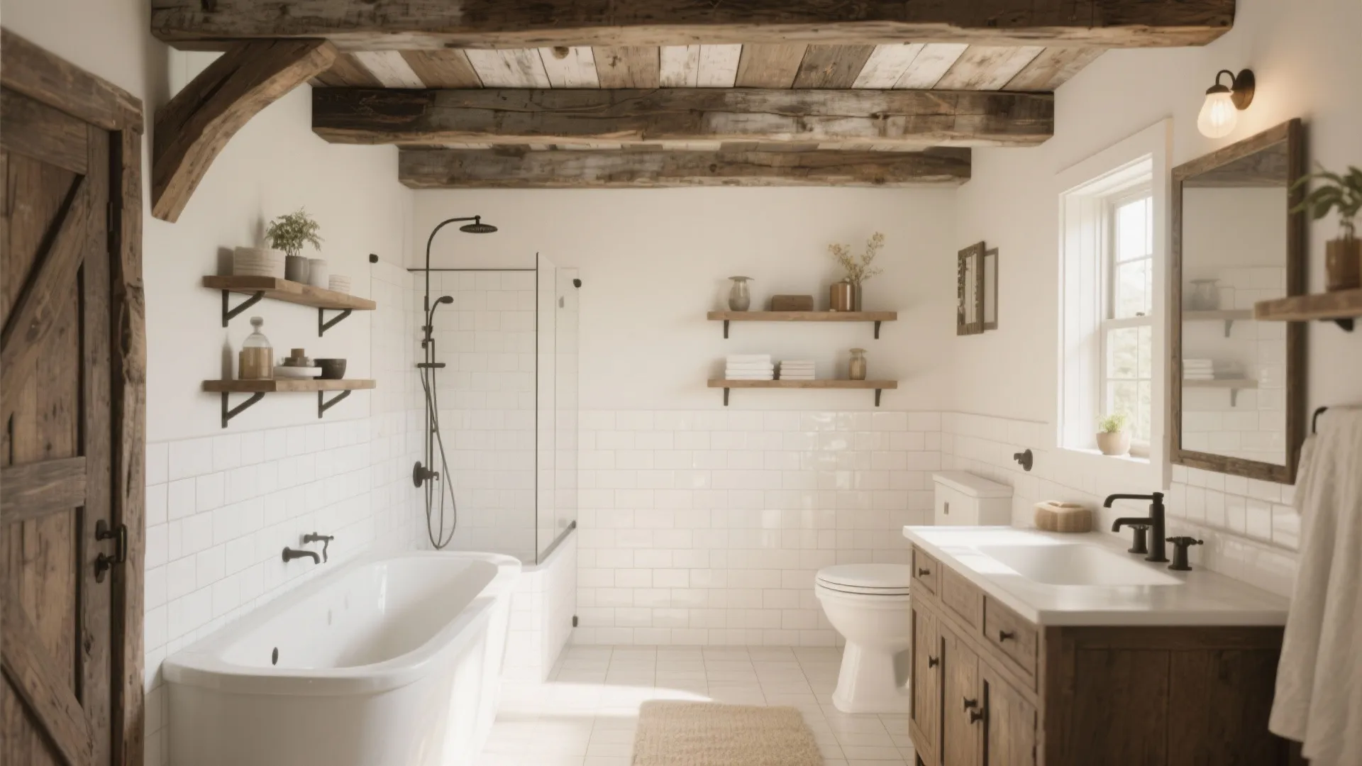 Bathroom with weathered wood ceiling beams white tile walls glass shower bathtub and wooden cabinet