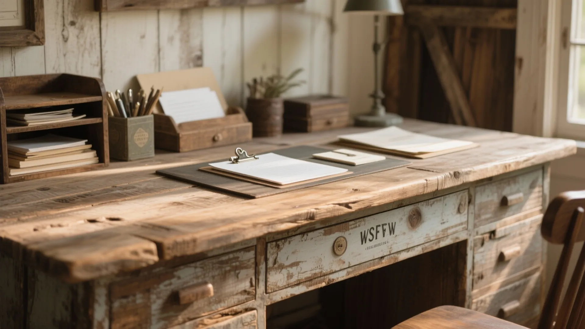 Rustic weathered wood desk with clipboard paper and vintage stationery items under warm natural sunlight