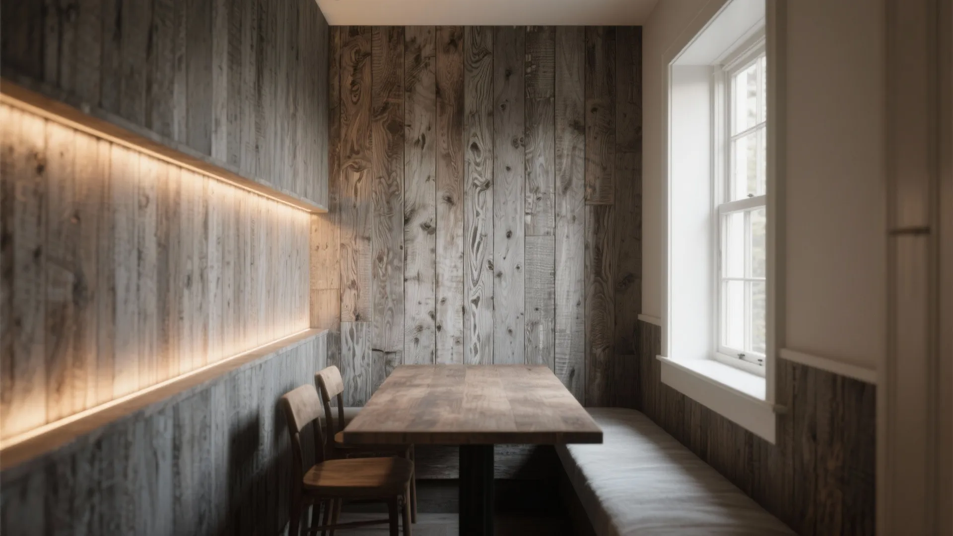 Dining area with dark wooden wall panels wooden table chairs bench window and wall light
