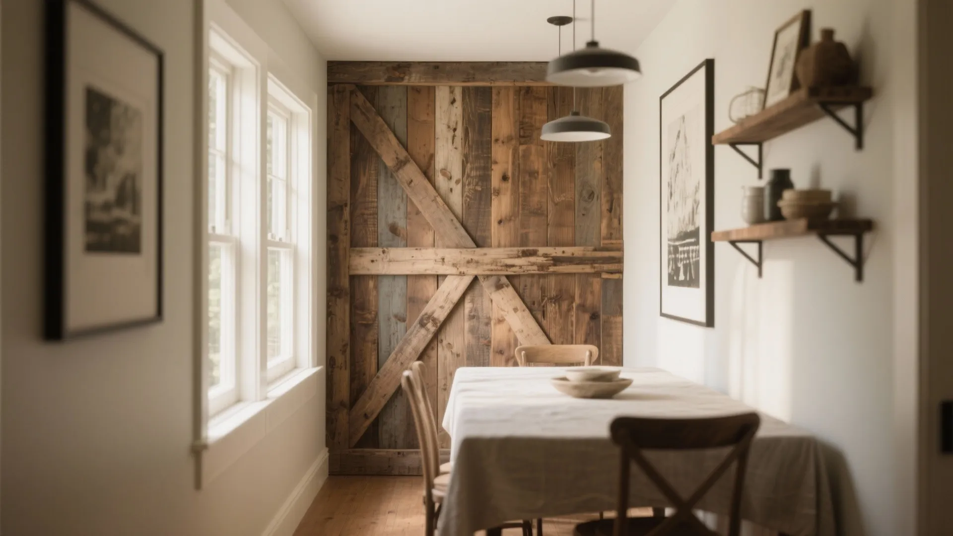 Narrow dining room with reclaimed barn wood accent wall and warm lighting