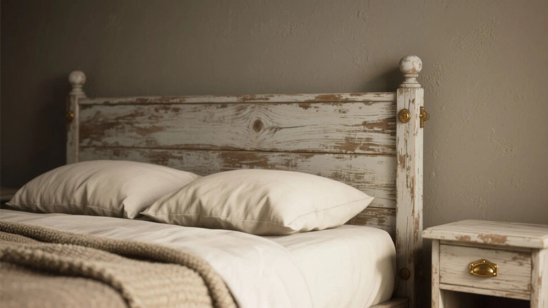 Rustic bedroom with weathered white wood headboard white pillows and a matching small bedside table