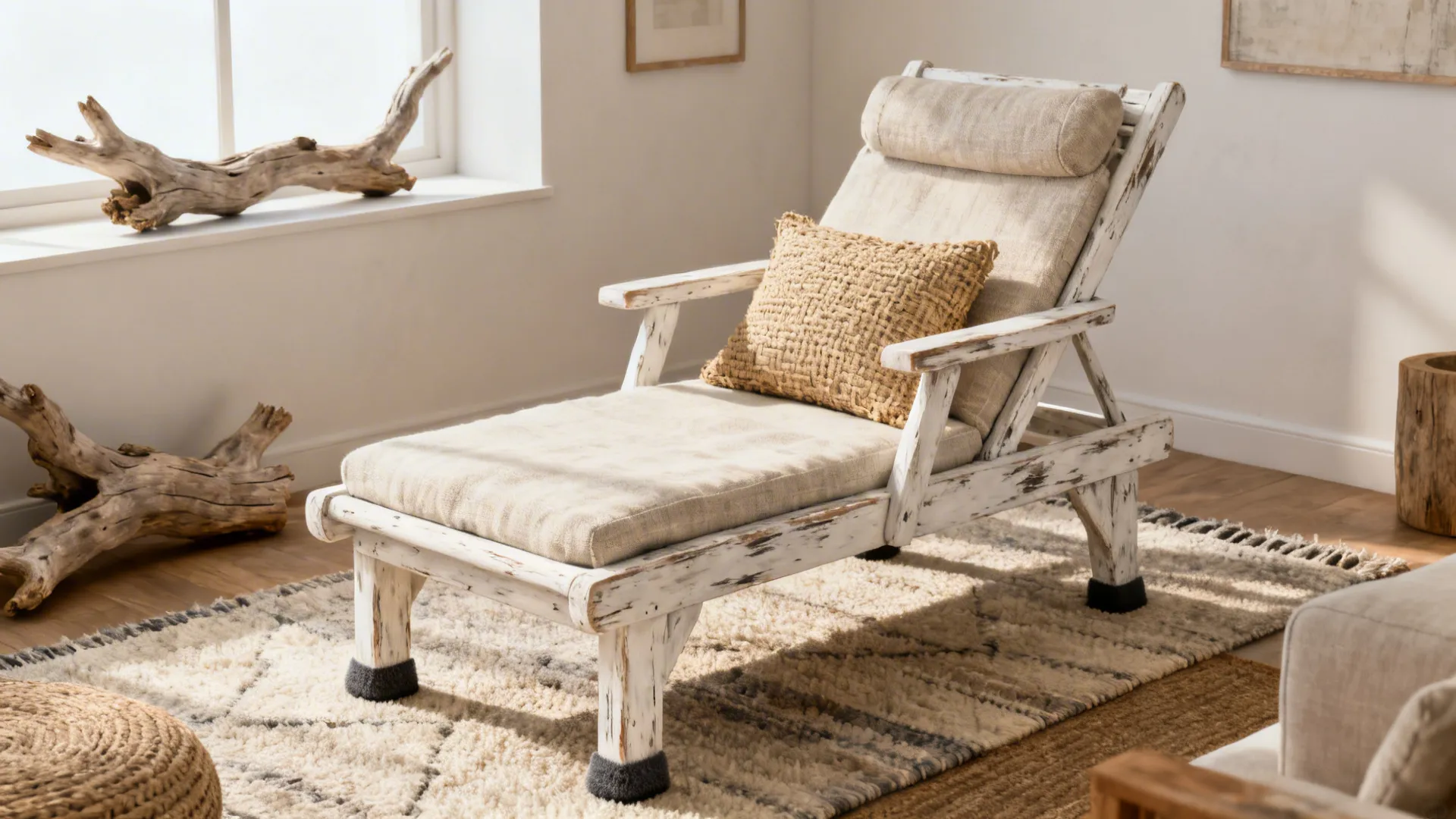Weathered wood-framed lounge chair with linen cushions in a cozy coastal living room