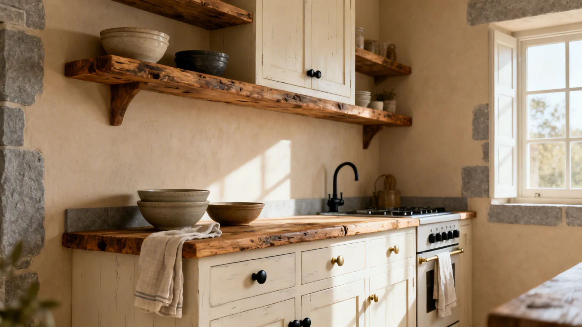 Reclaimed oak shelves over creamy cabinets with stone-gray accents in a sun-washed French country kitchen.