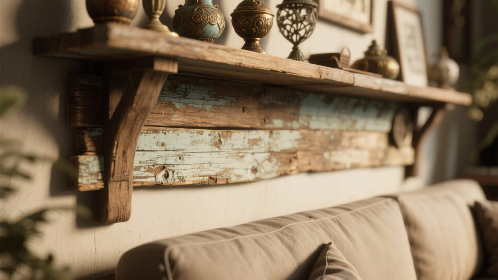 Close-up of weathered wood shelf with vintage decor above a sofa