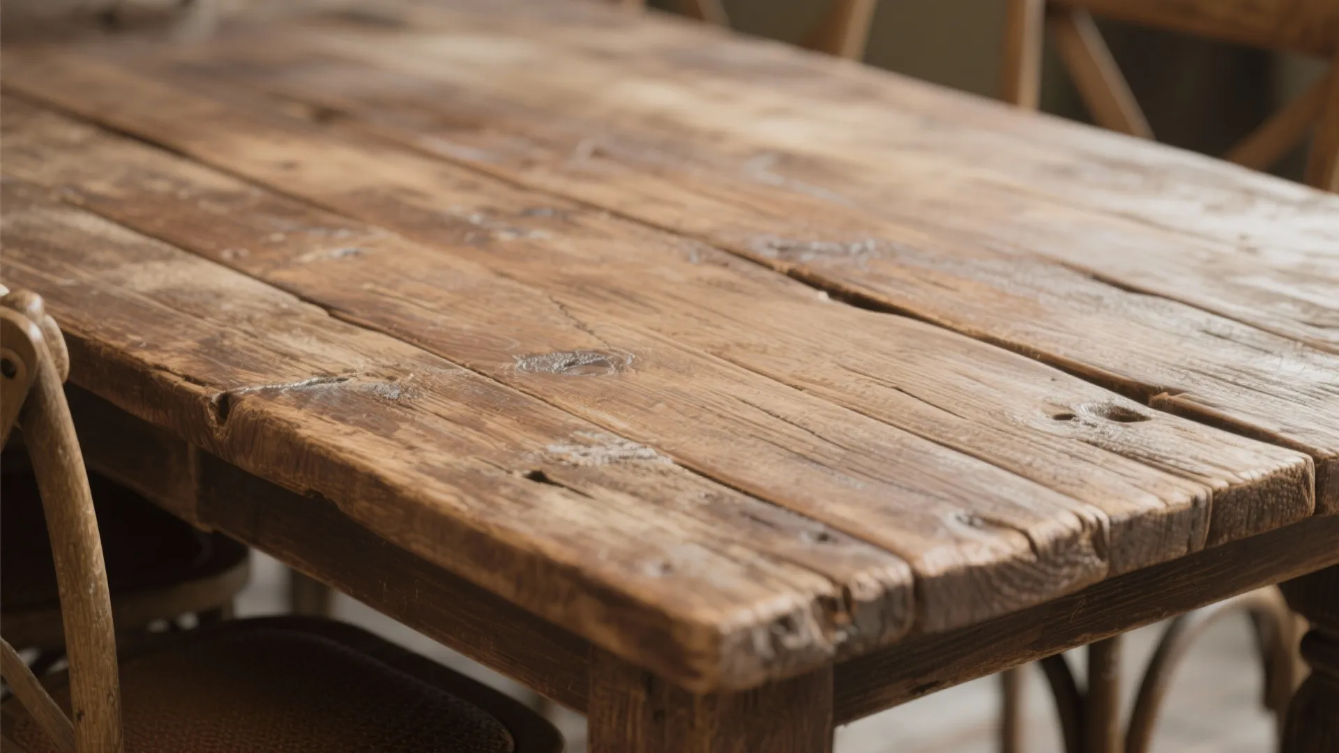 Close up view of a rustic brown weathered wood dining table with visible natural grain texture