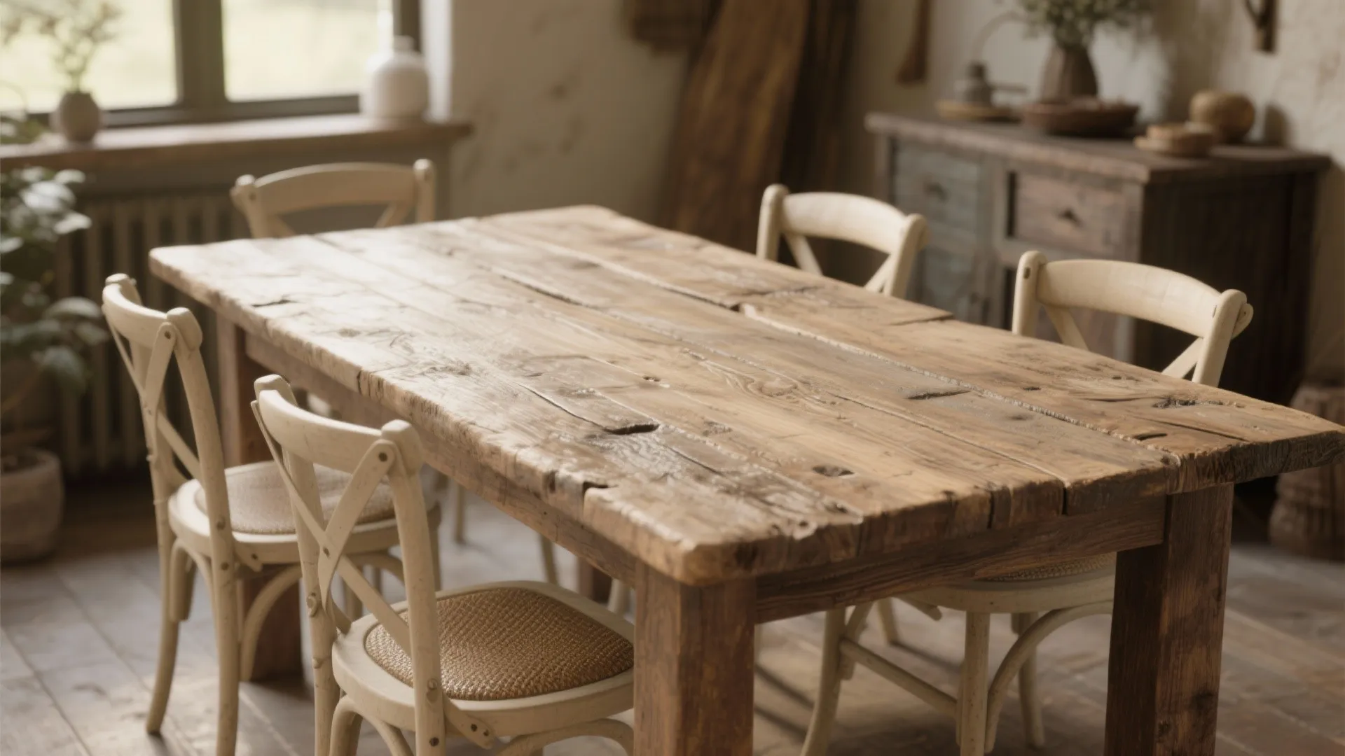 Weathered wood dining table with light chairs in rustic room