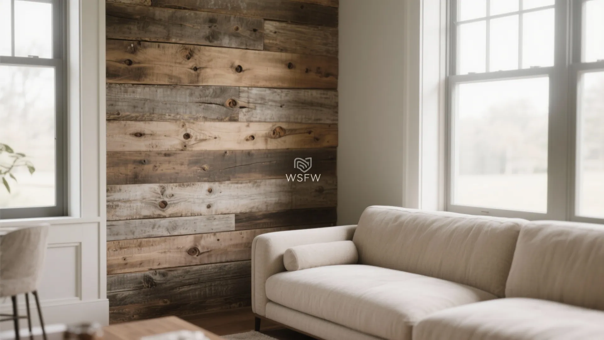 Living room with reclaimed wood accent wall and large window