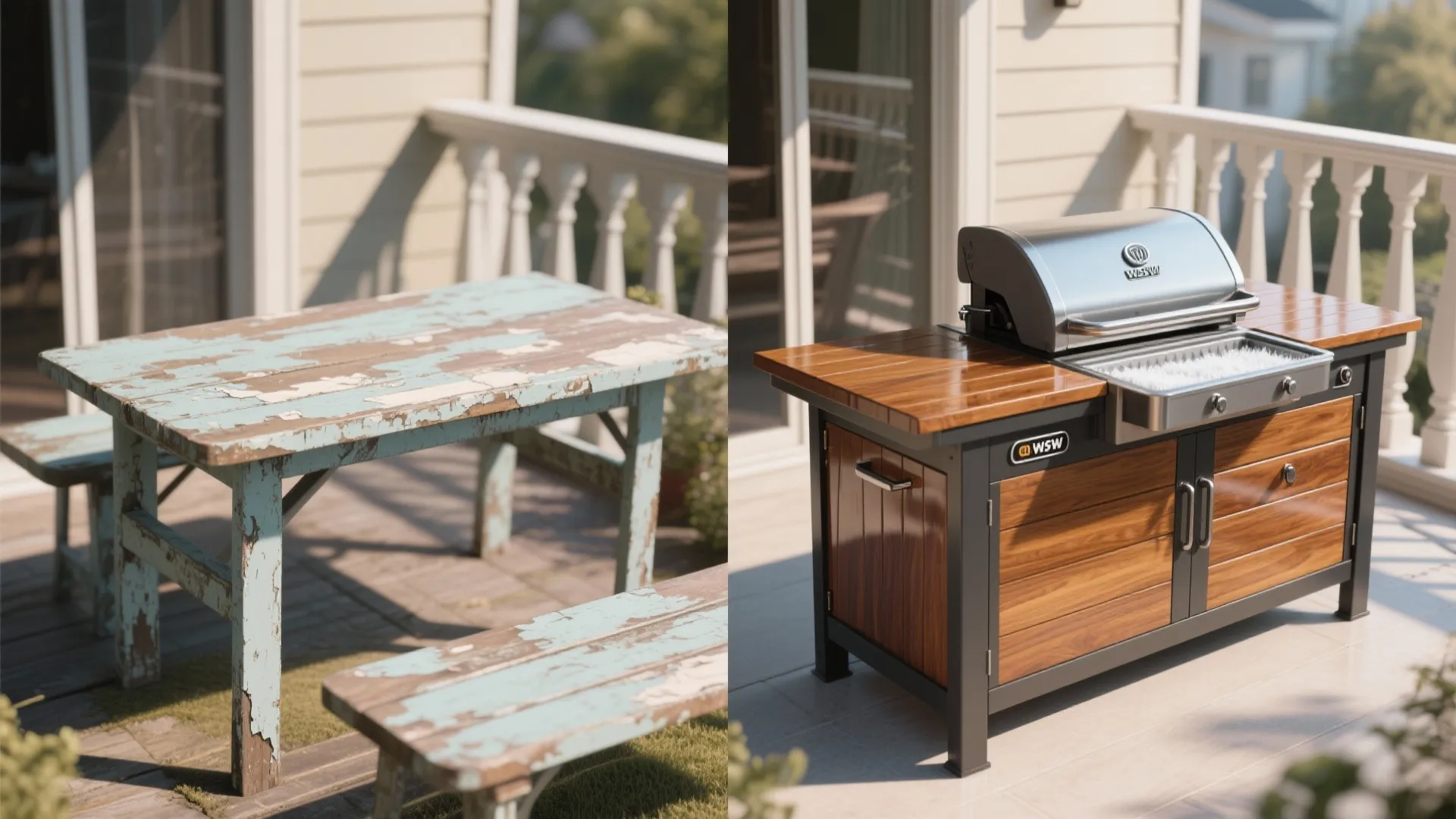 Before and after comparison of old peeling wooden table versus new shiny outdoor grill cabinet