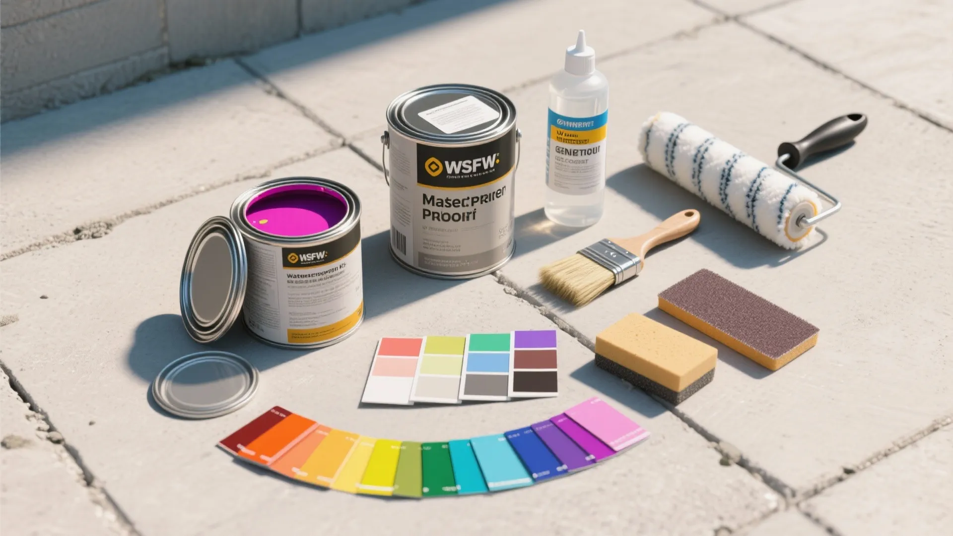 Outdoor floor painting kit with paint cans paint brushes roller sponges and colorful paint color swatches