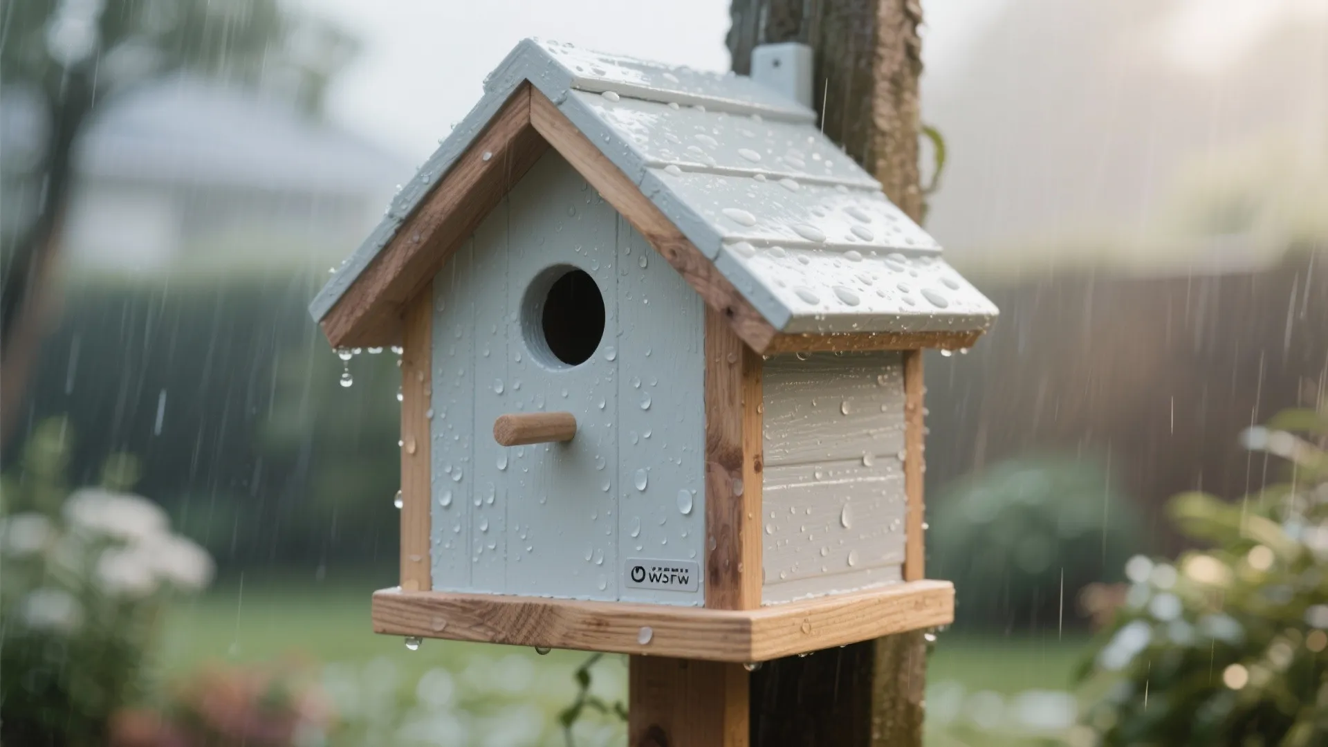 Small wooden birdhouse with a light blue roof and walls covered in raindrops during rain