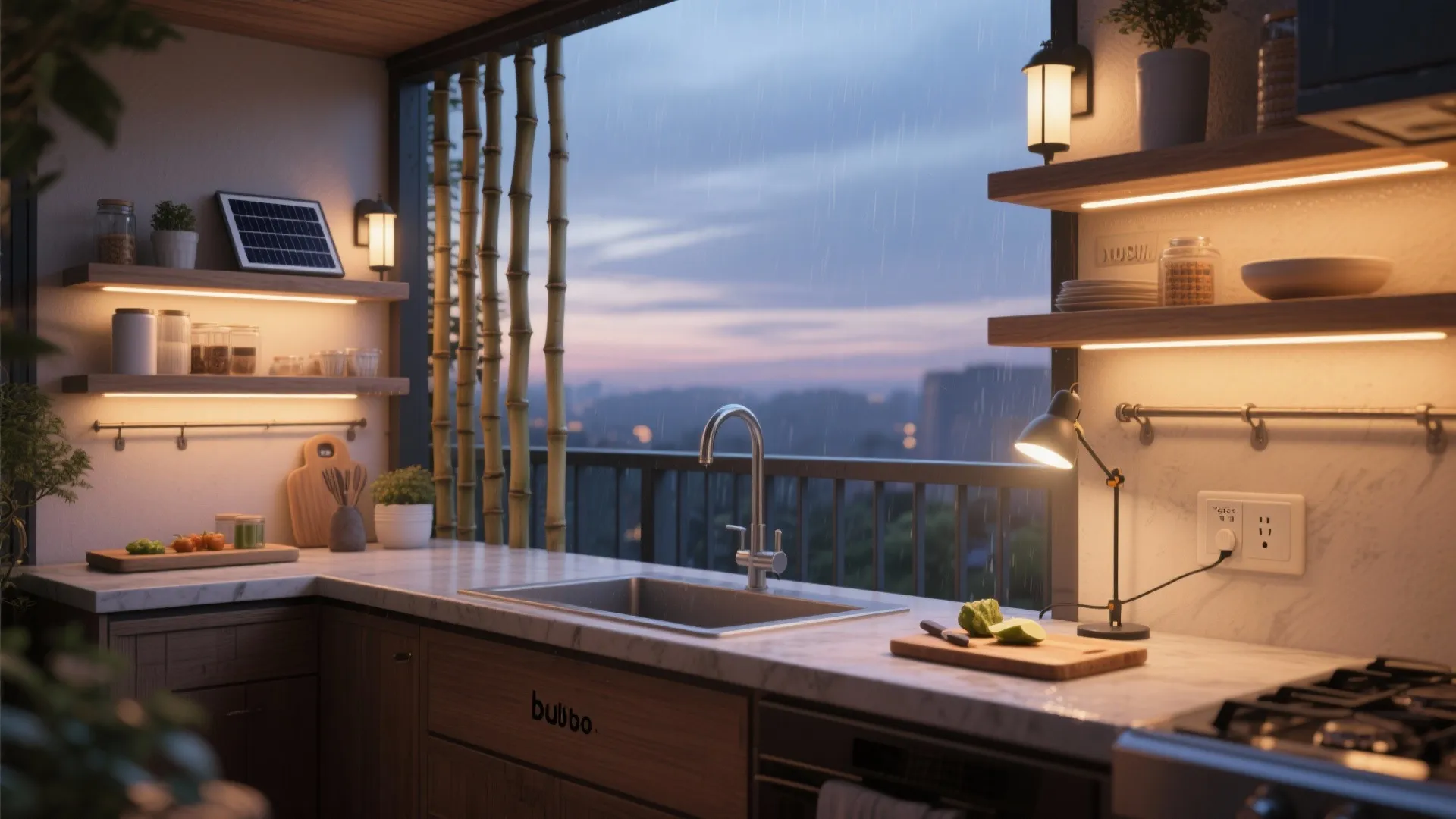 Warm weatherproof lighting and GFCI outlet on a kubo balcony kitchen at dusk.