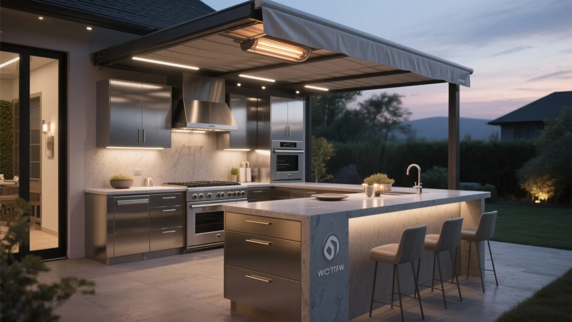 Modern outdoor kitchen with stainless steel cabinets a large island breakfast bar and warm lighting