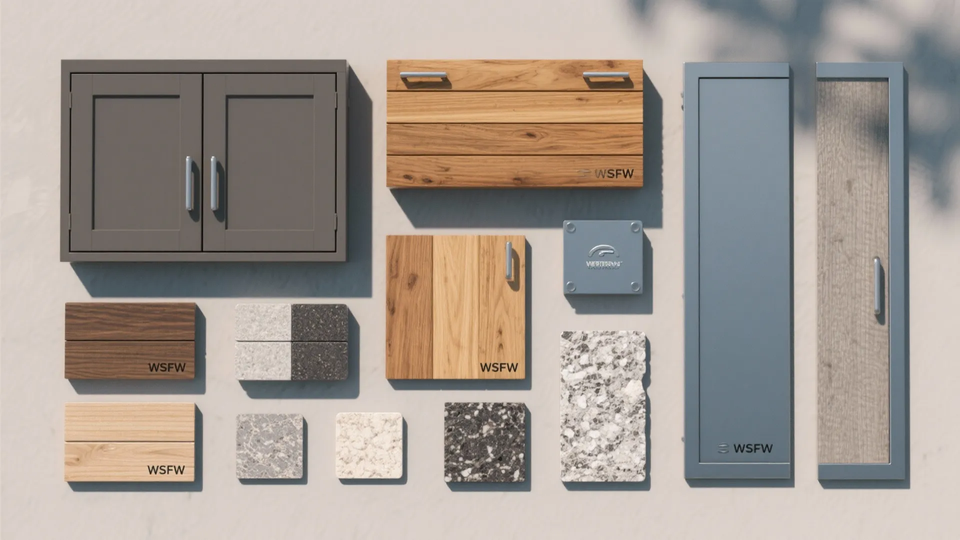 Collection of various outdoor kitchen cabinet materials including wood panels metal doors and stone tiles