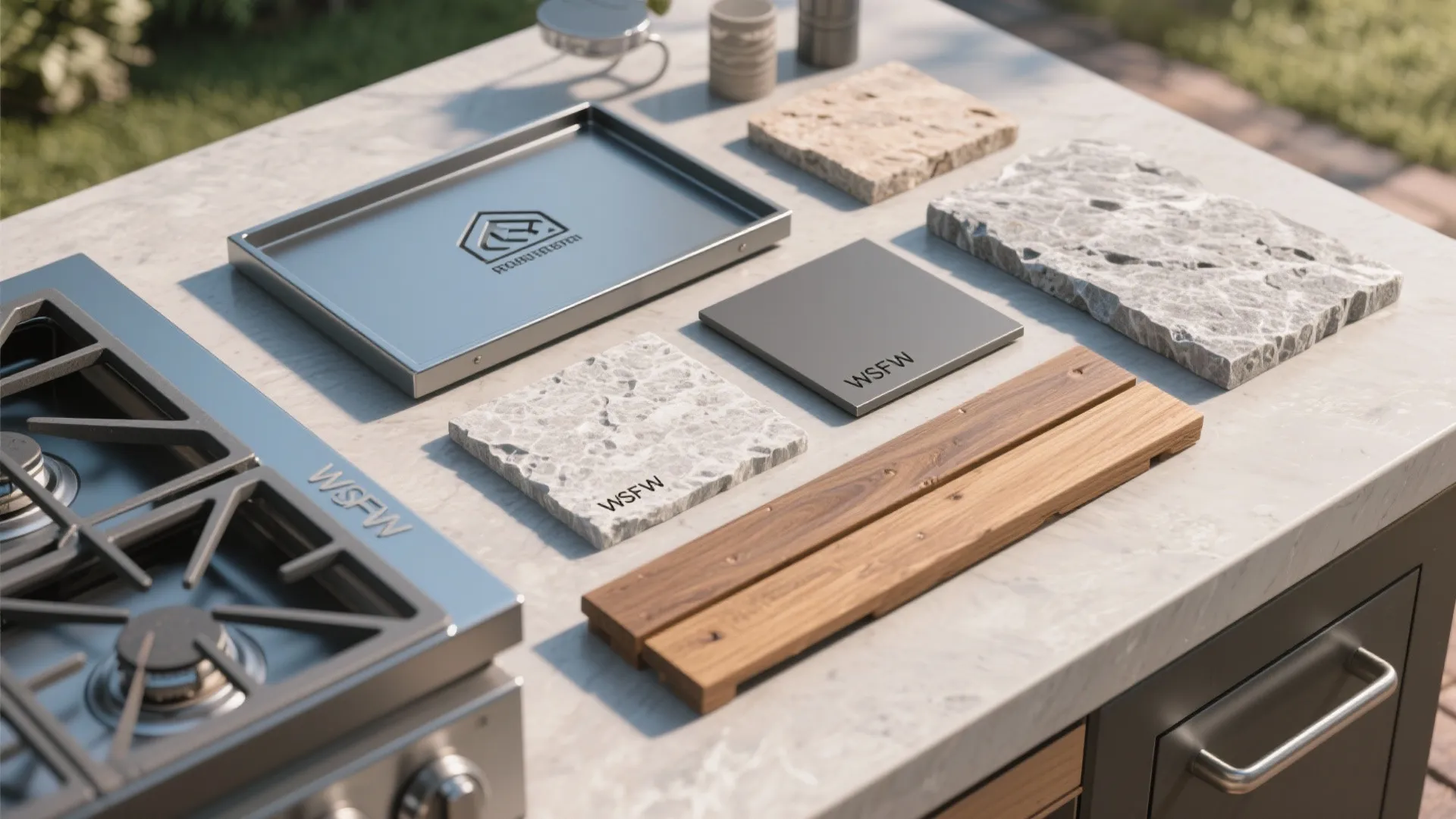 Outdoor kitchen countertop showing various material samples like stone wood and metal for patio design