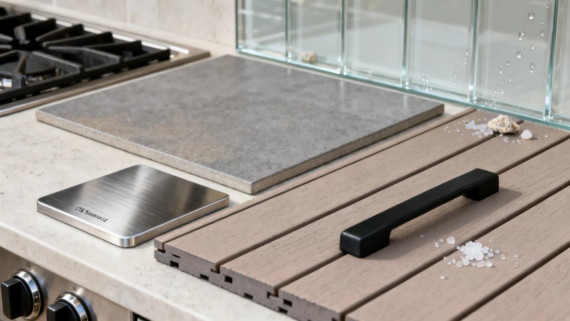 Flat lay of 316 stainless, porcelain slab, and composite decking samples for outdoor use.