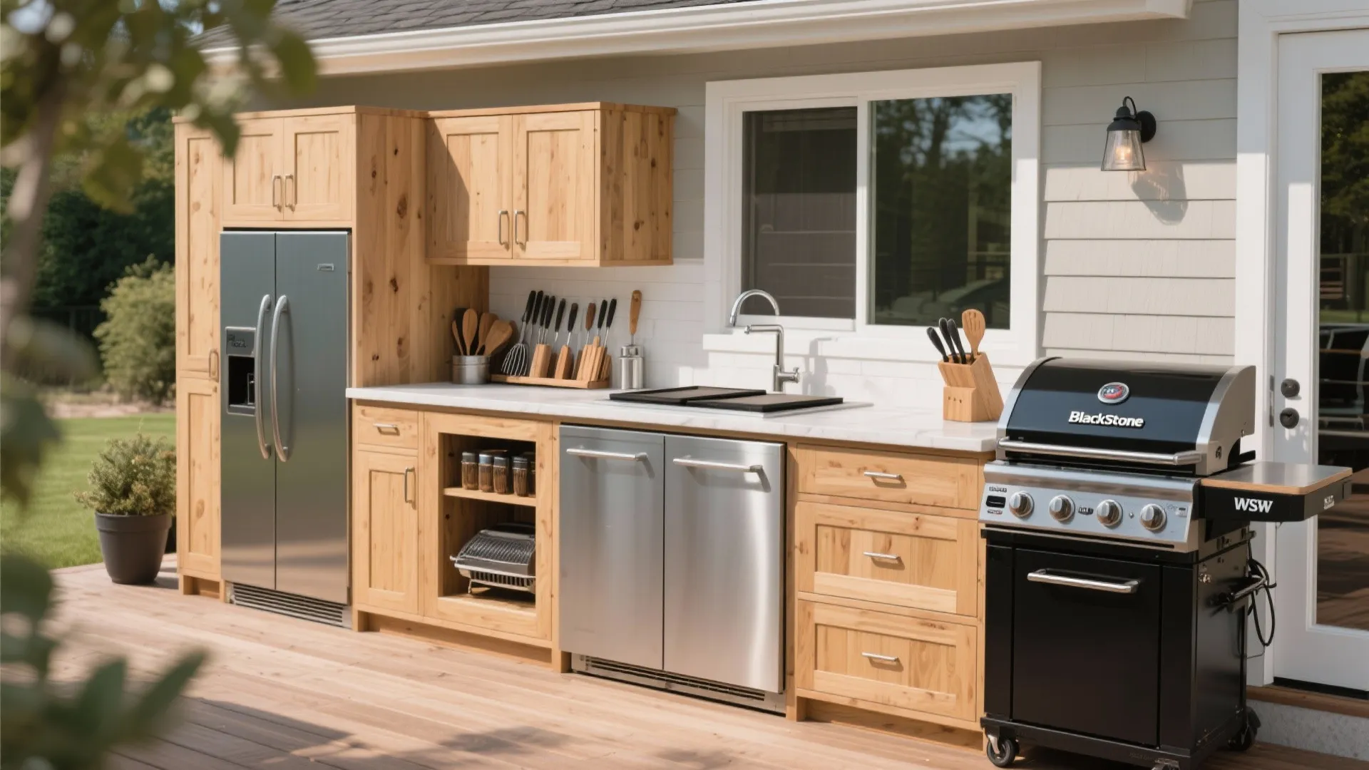 Outdoor kitchen setup with wood cabinets stainless steel fridge grill sink and wall light fixture