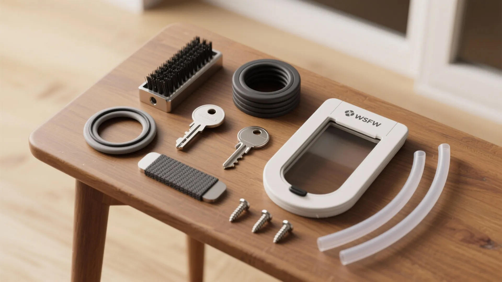 Installation tools including brush keys screws and pet door frame placed on a wooden table