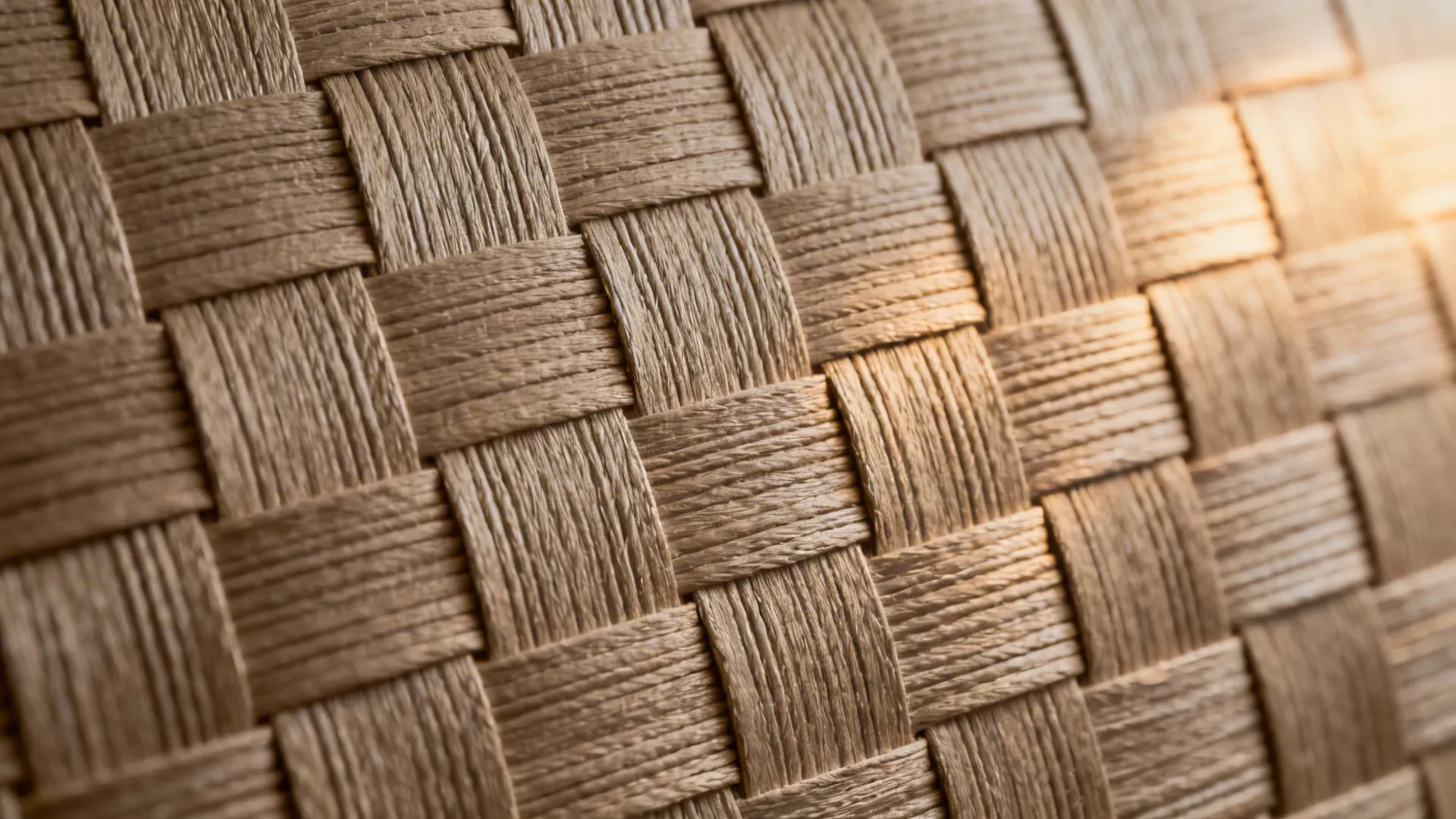 Macro of taupe 3D woven wallpaper showing fine basket-weave texture under warm light.