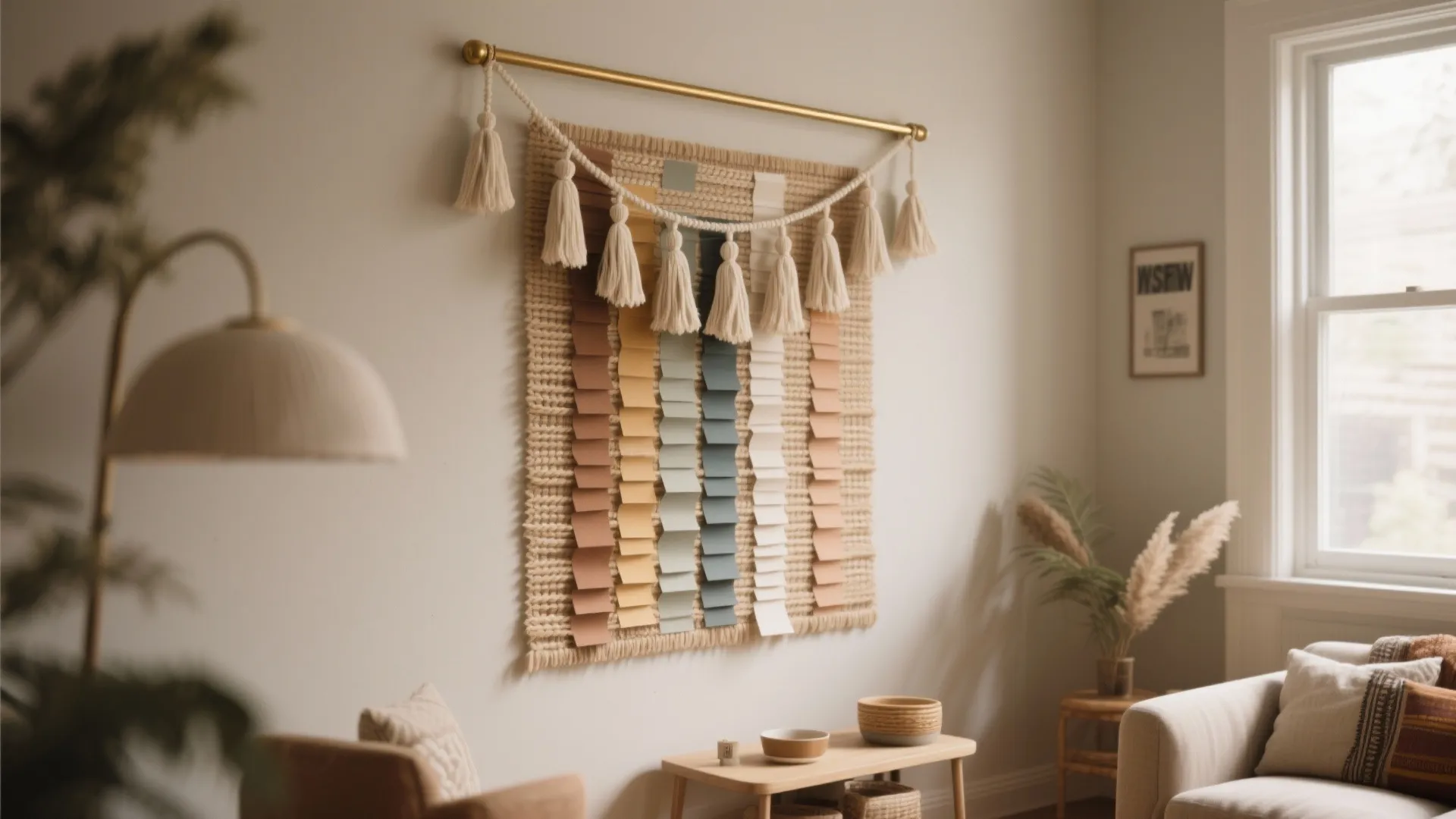 Colorful woven wall hanging with tassels above a small wooden table in a bright room
