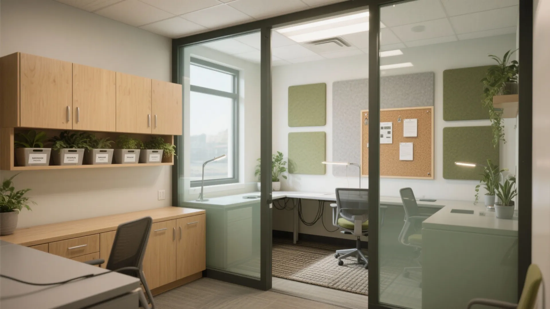 Modern office interior design drawing with glass wall wooden cabinet chairs and green wall panel decorations