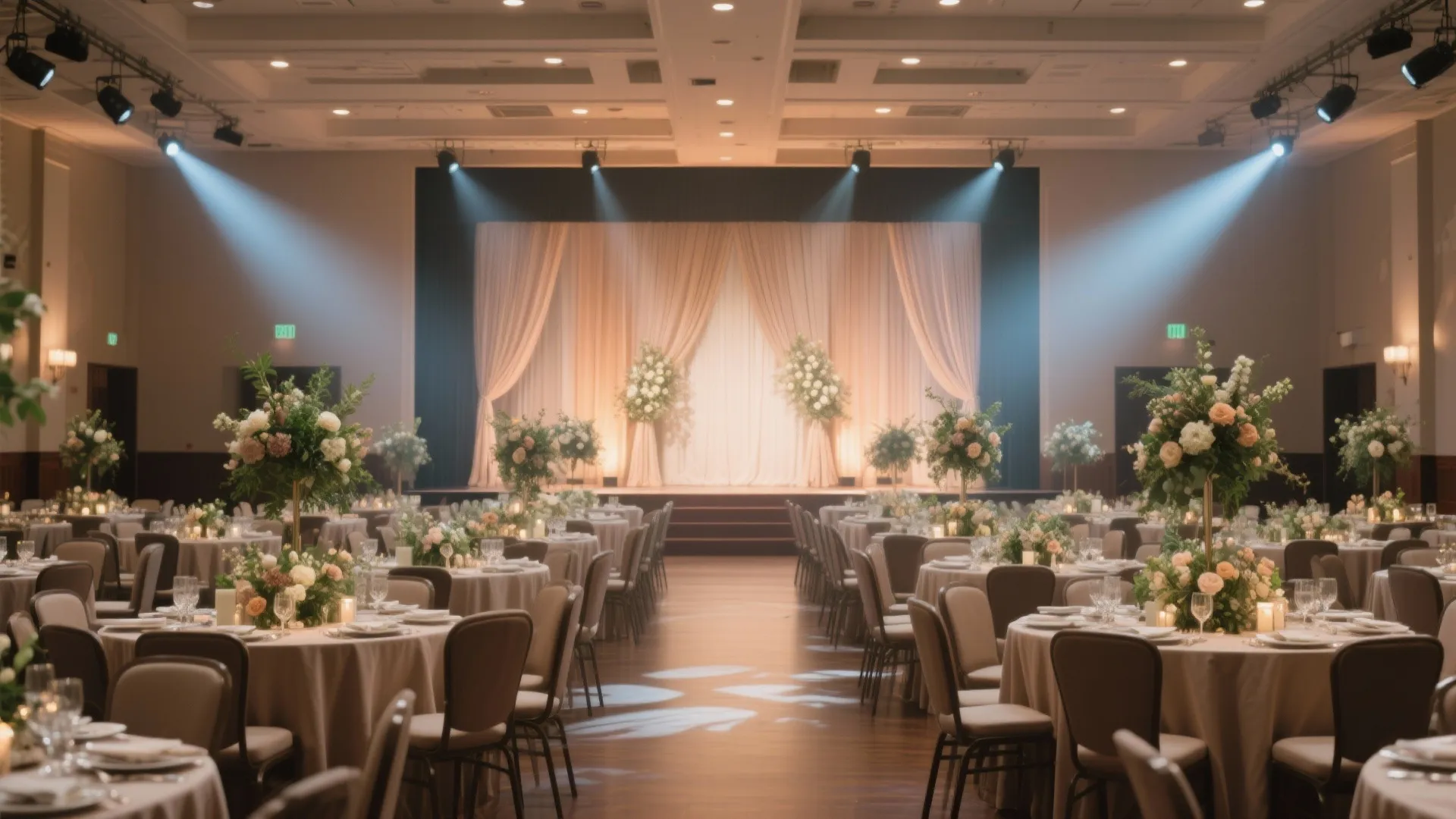 Elegant wedding hall with round tables flower arrangements beige curtains stage lights and a large dancefloor