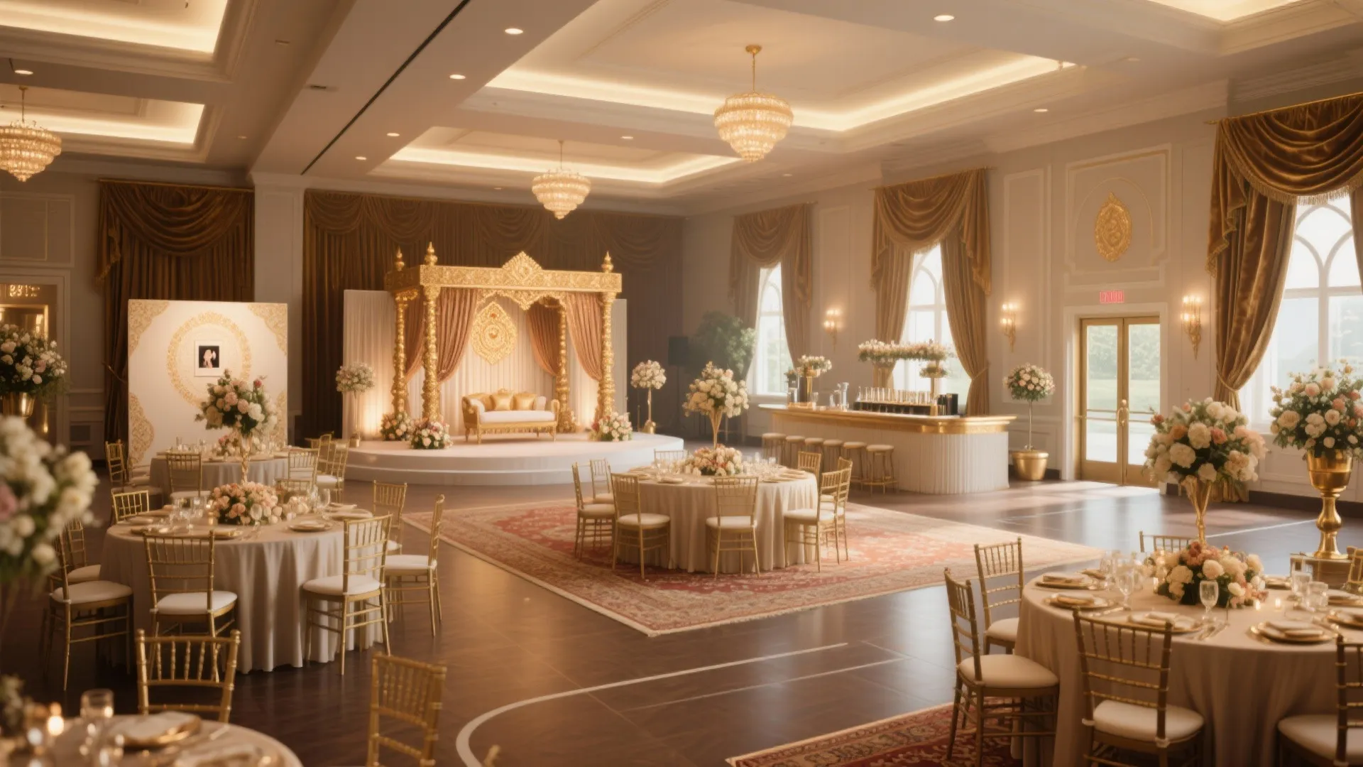 [
  {
    "url": "https://coohom-biz-sg-s3.coohom.com/ins/static/article/wedding-hall-hero-1764693382034367800.jpg",
    "alt": "Luxury wedding hall with round tables gold chairs floral decor stage sofa and ceiling lights"
  }
]