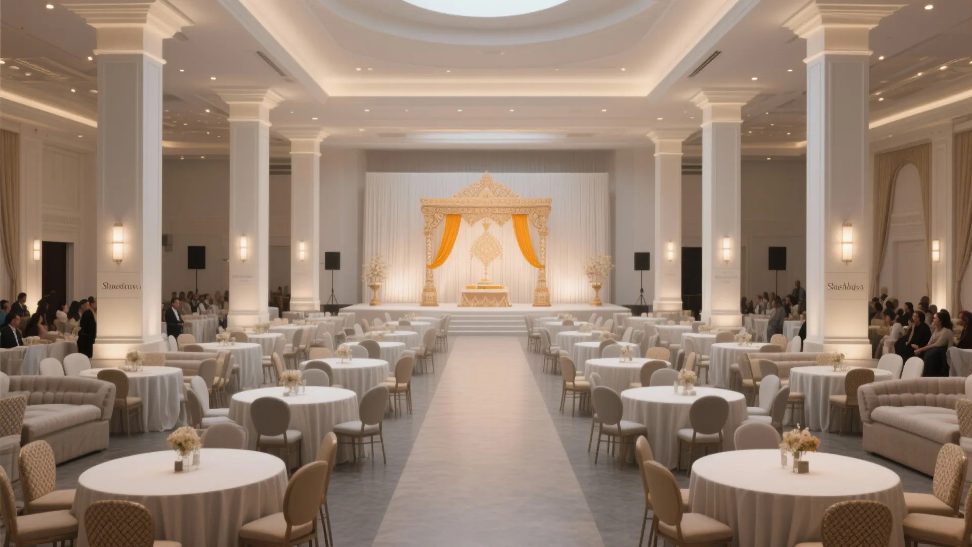 Elegant wedding hall with white pillars round tables white tablecloths and a gold stage backdrop