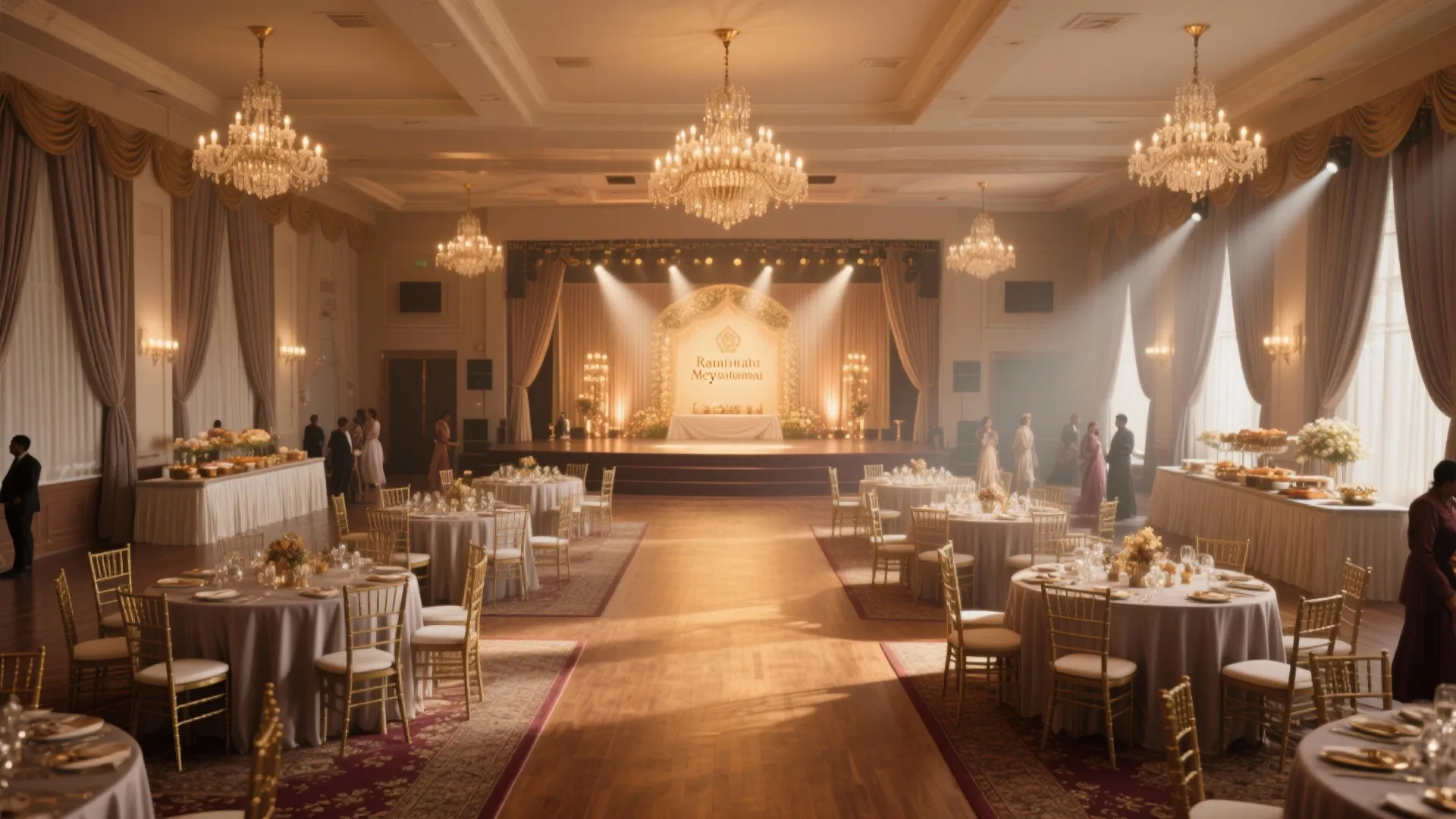 Elegant wedding hall with round tables gold chairs multiple large ceiling lights and a bright stage