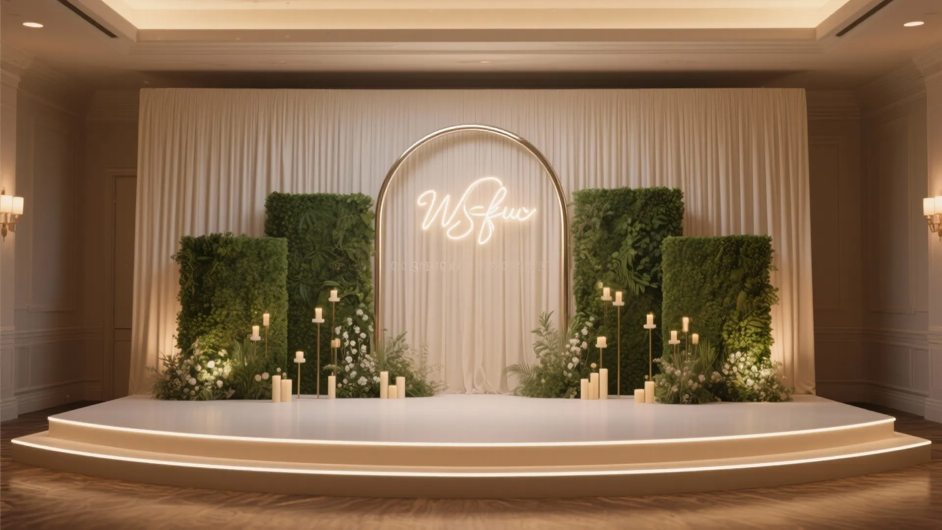 Wedding stage with white curtain backdrop green plant panels golden arch neon sign and candles