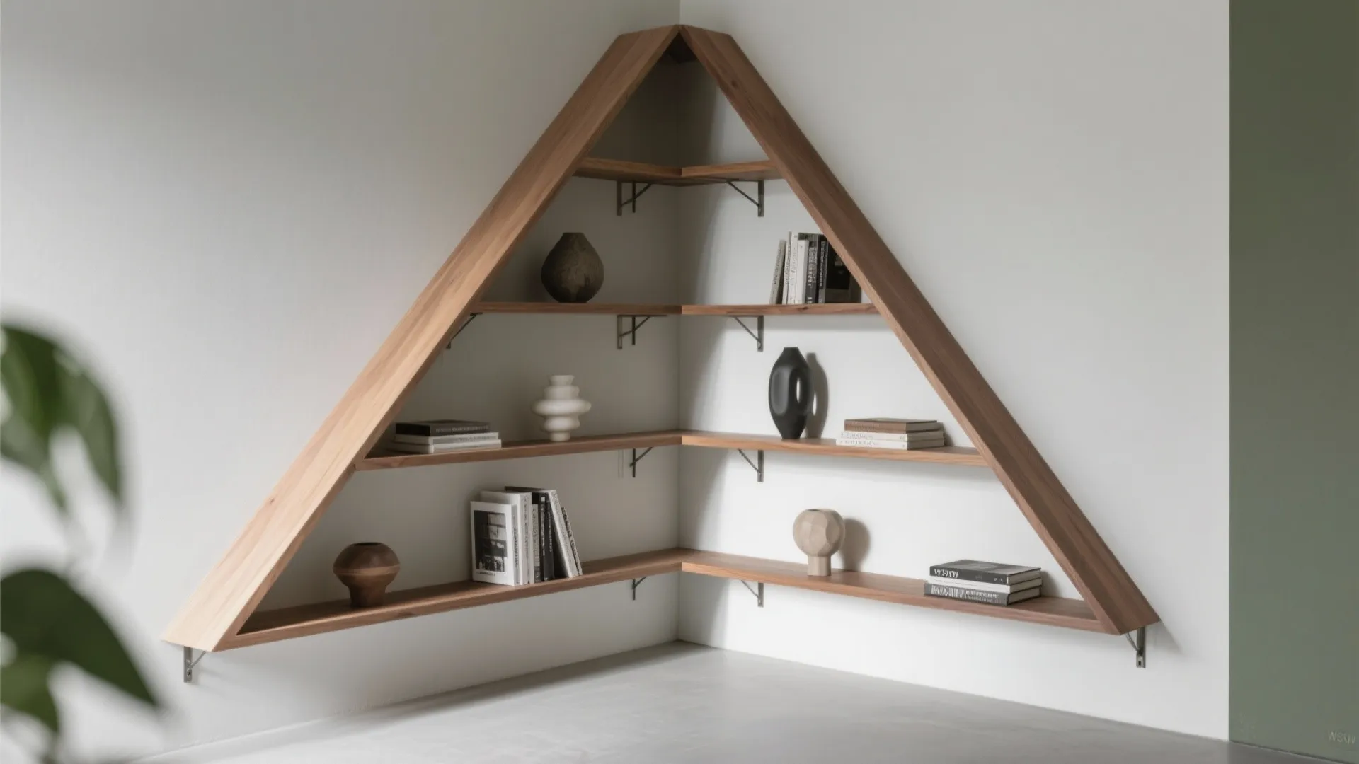 Triangle shaped wood corner wall shelves with books and small decorative vases in modern room