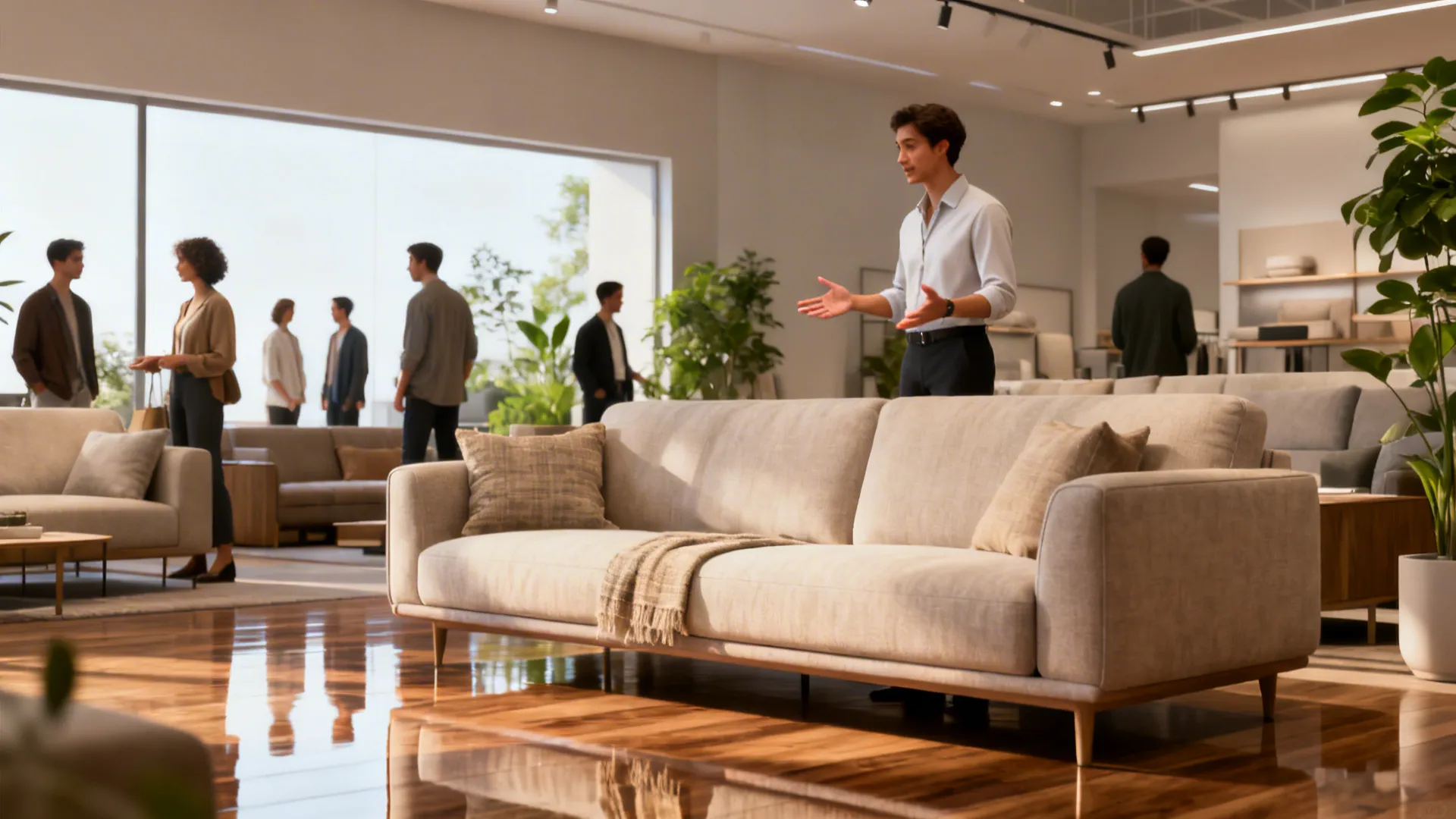 Quiet furniture showroom with attentive staff showing a sofa to a customer midweek.