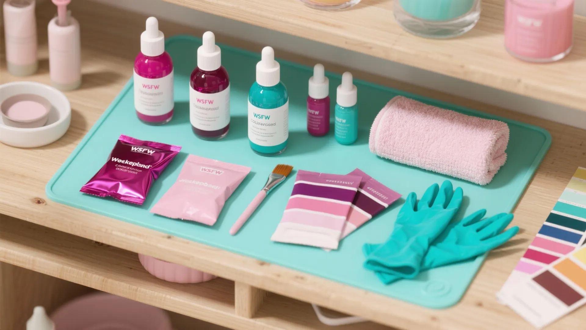 Table with paint bottles, color swatches, pink towel, teal gloves, and small brush on mat