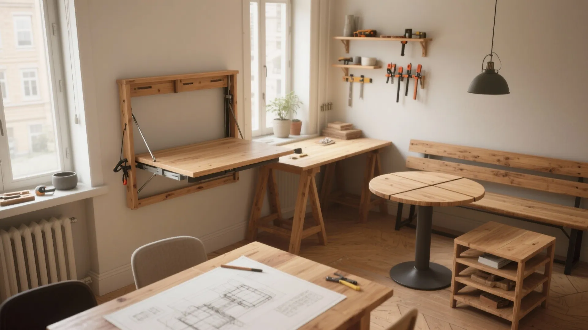 Home workshop with wooden tables a folding wall desk various tools and a large window