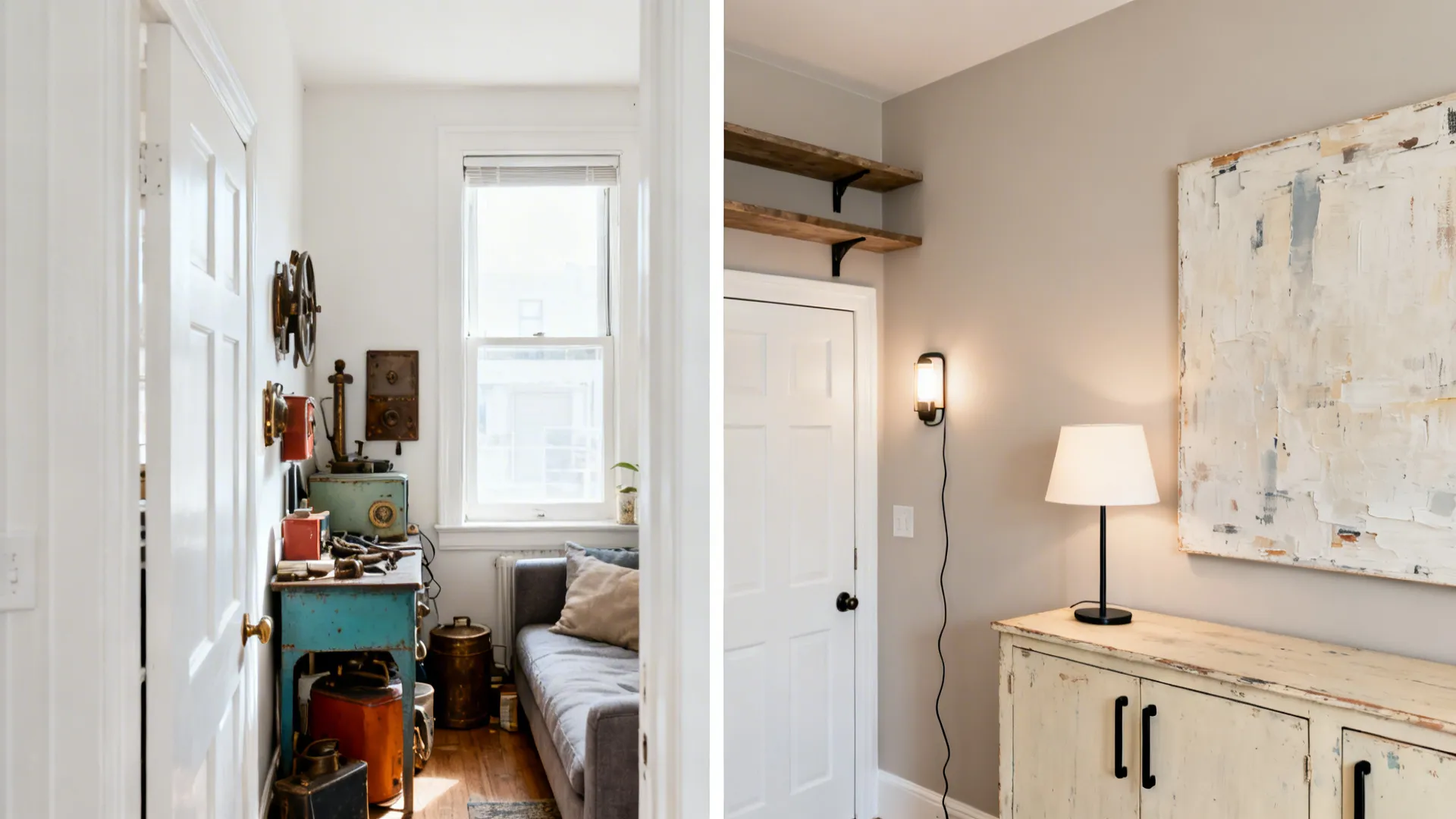 Before-and-after of a tiny living area showing a neutral wall, layered lighting, slim pulls, and DIY art.