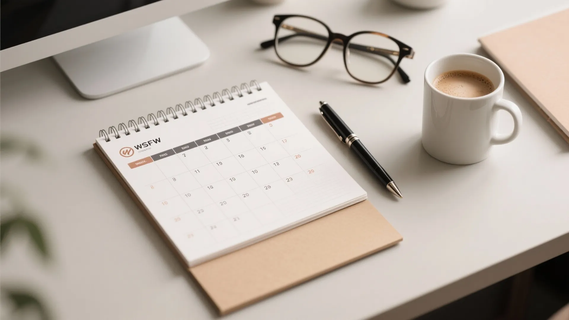 Spiral desk calendar with glasses black pen and white coffee cup on a light desk