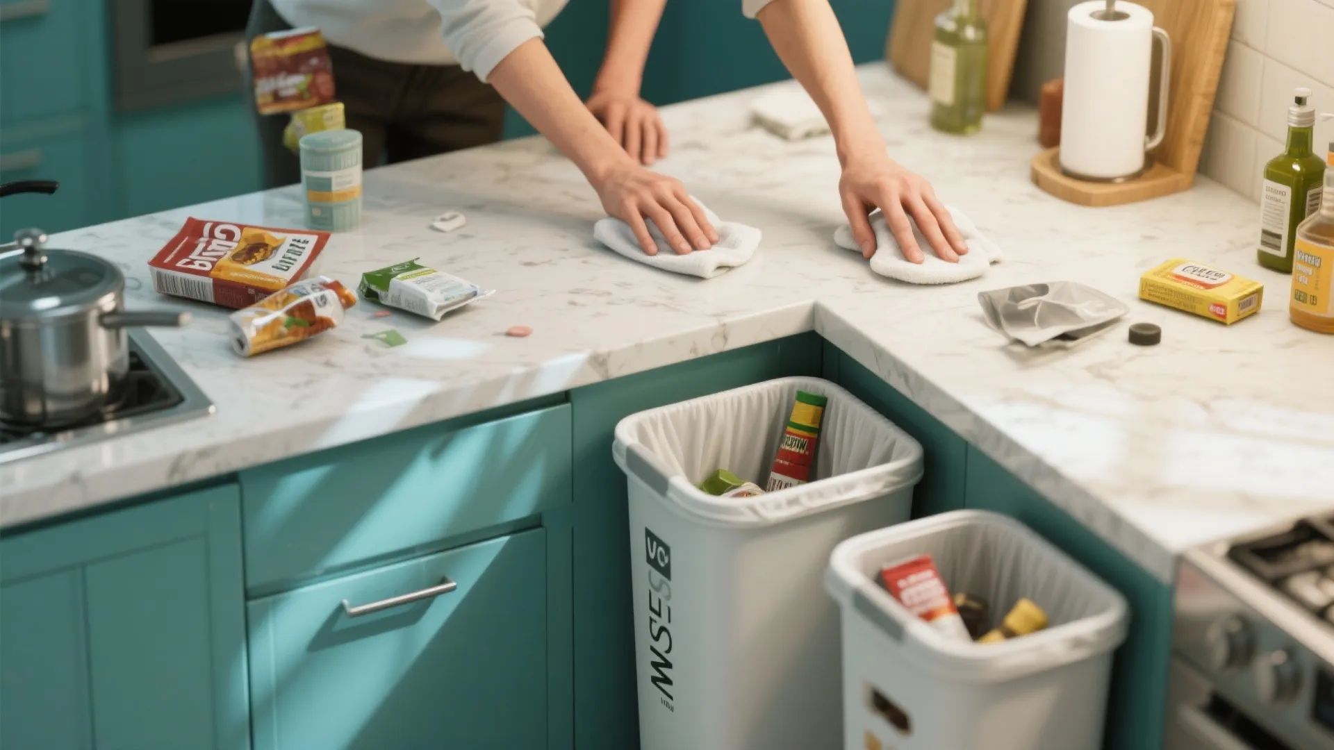 Cleaning a white marble kitchen counter with two white towels near teal cabinets and bins