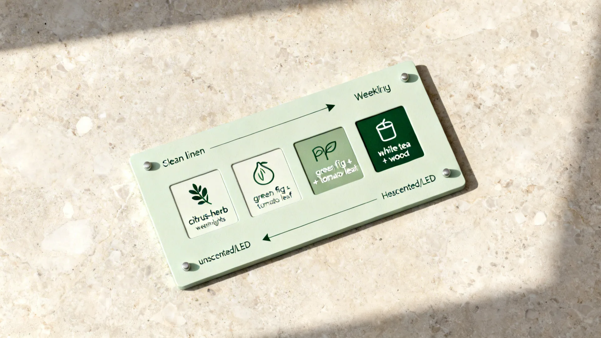 Top-down plan board with candles representing a weekly kitchen scent routine.