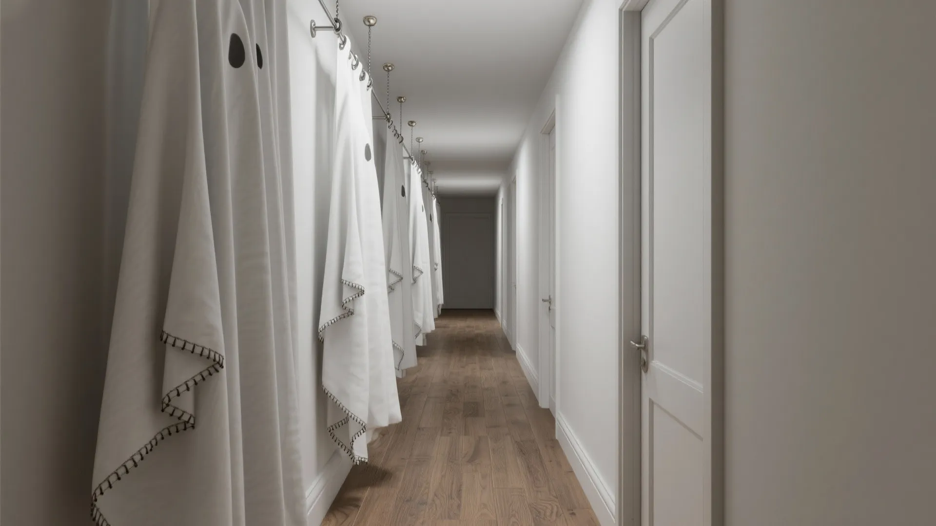 Long white hallway with wooden floor and white ghost sheets hanging on the side wall