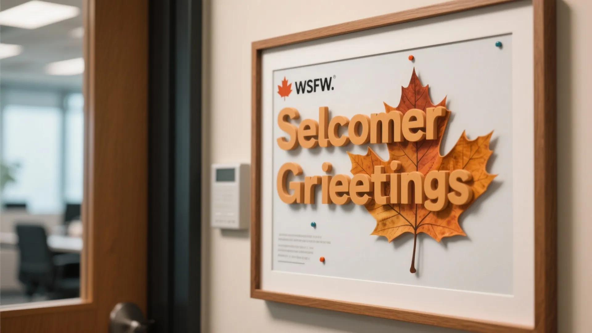 Framed autumn welcome sign with orange maple leaf design hanging on a white office wall