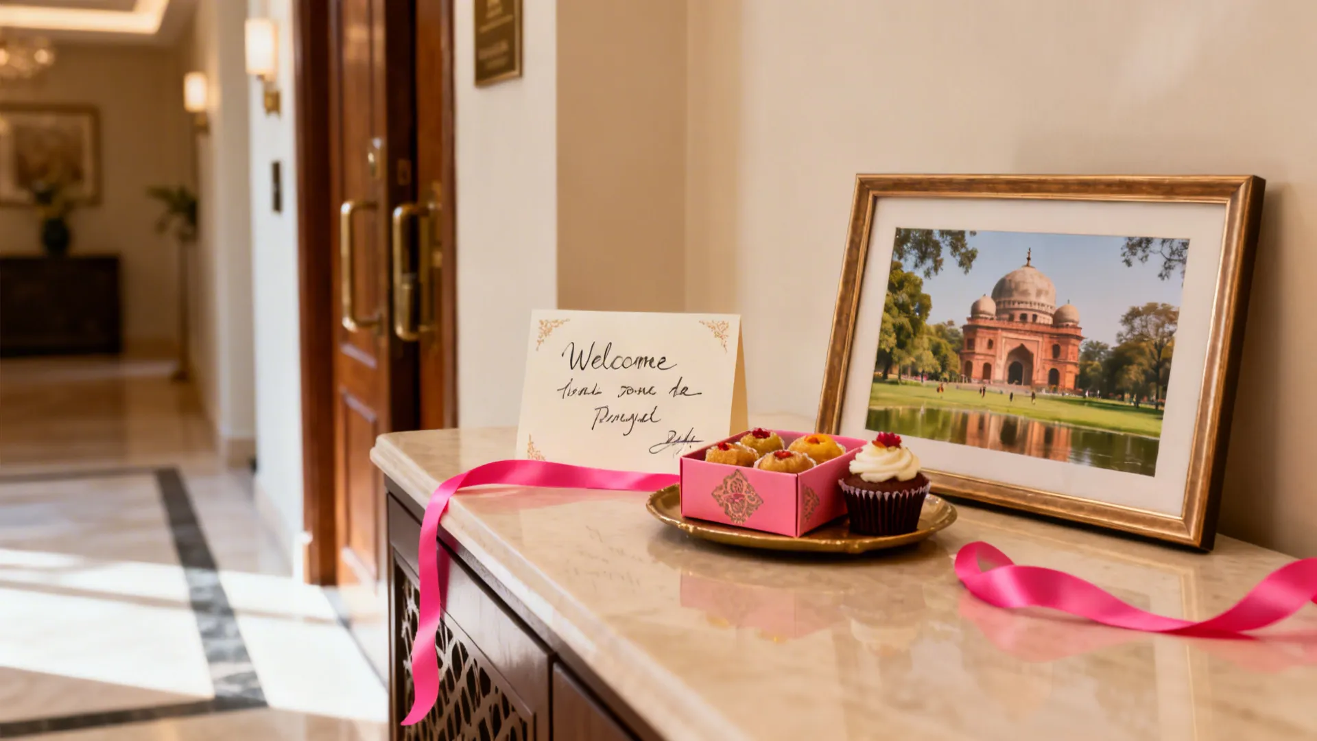 A tidy welcome station with a handwritten card, mithai box, and framed Delhi photo.