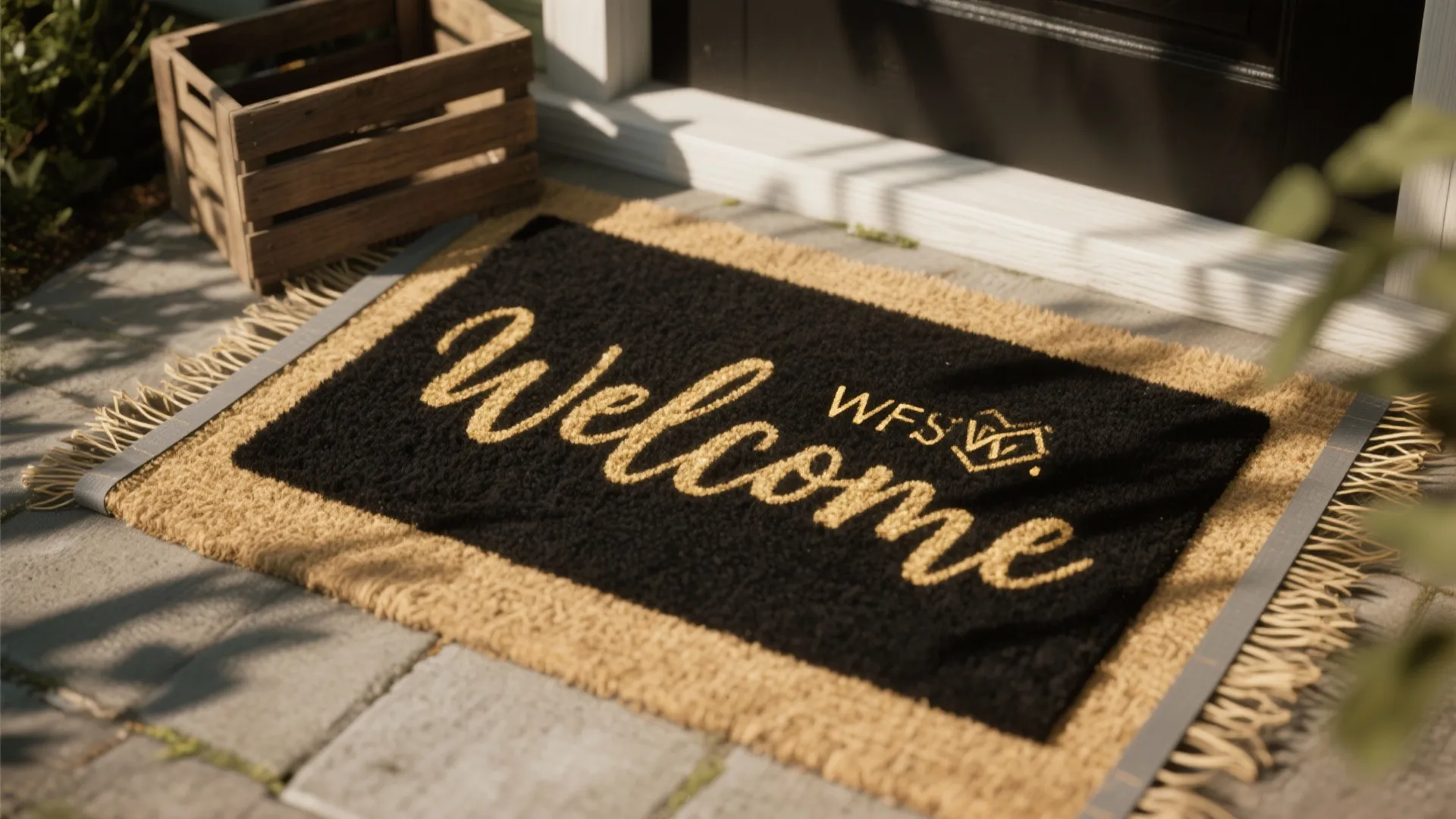 Black and brown welcome door mat placed on a stone floor near a wooden crate