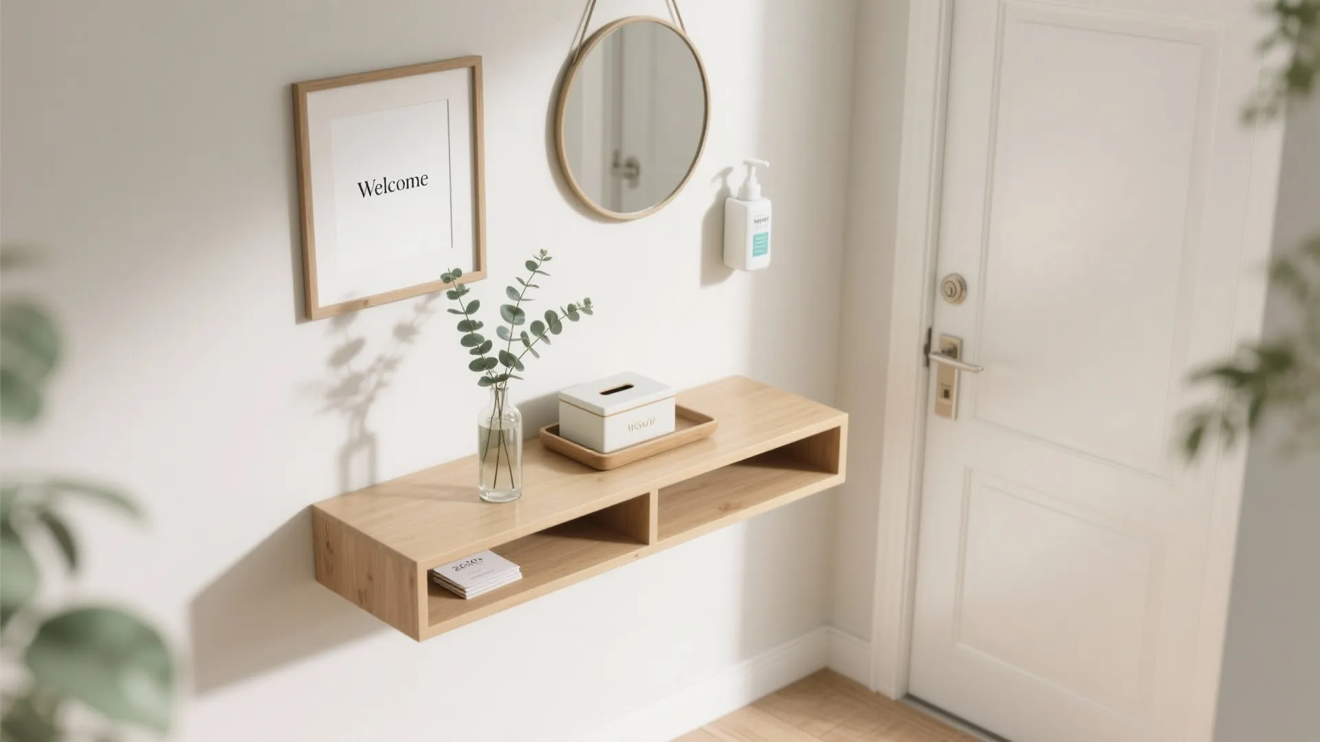 Minimalist entryway with floating wooden shelf, round mirror, framed welcome art, and small green plant