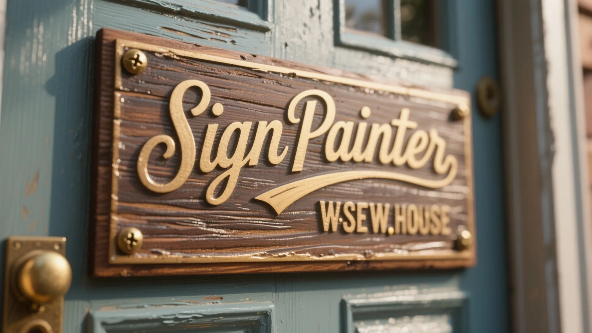 Wooden sign with gold text mounted on a blue door with brass screws and gold handle