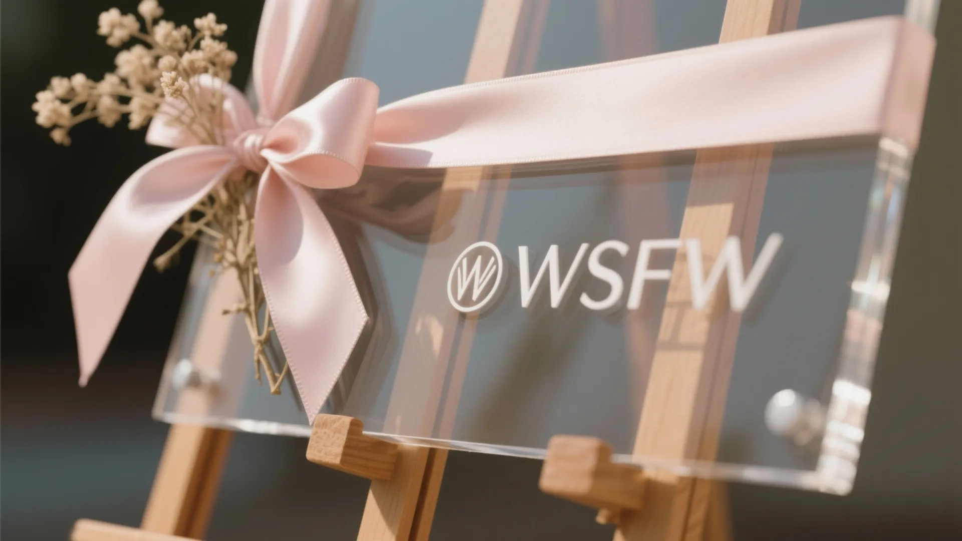 Close up of a clear acrylic welcome sign with pink ribbon on a wooden easel