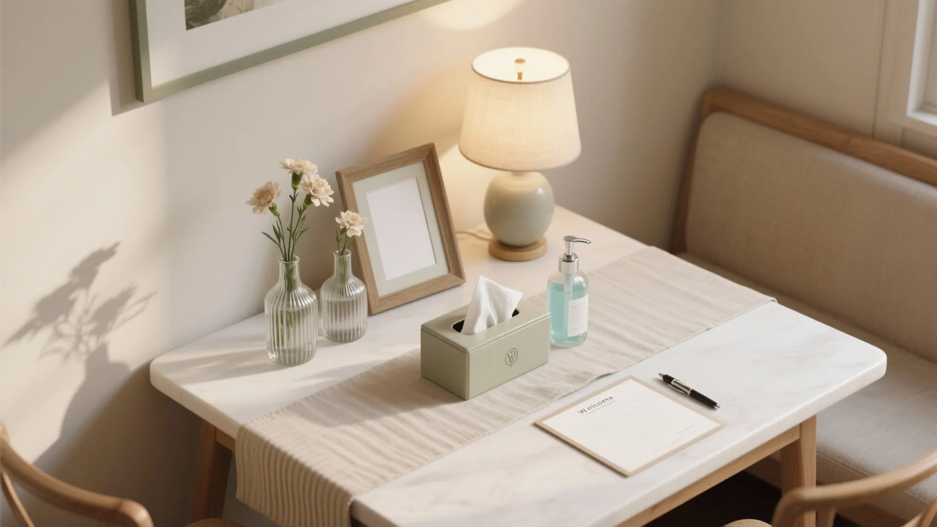 Marble table with a lamp, tissue box, flowers in vases, soap, notepad, pen, and frame