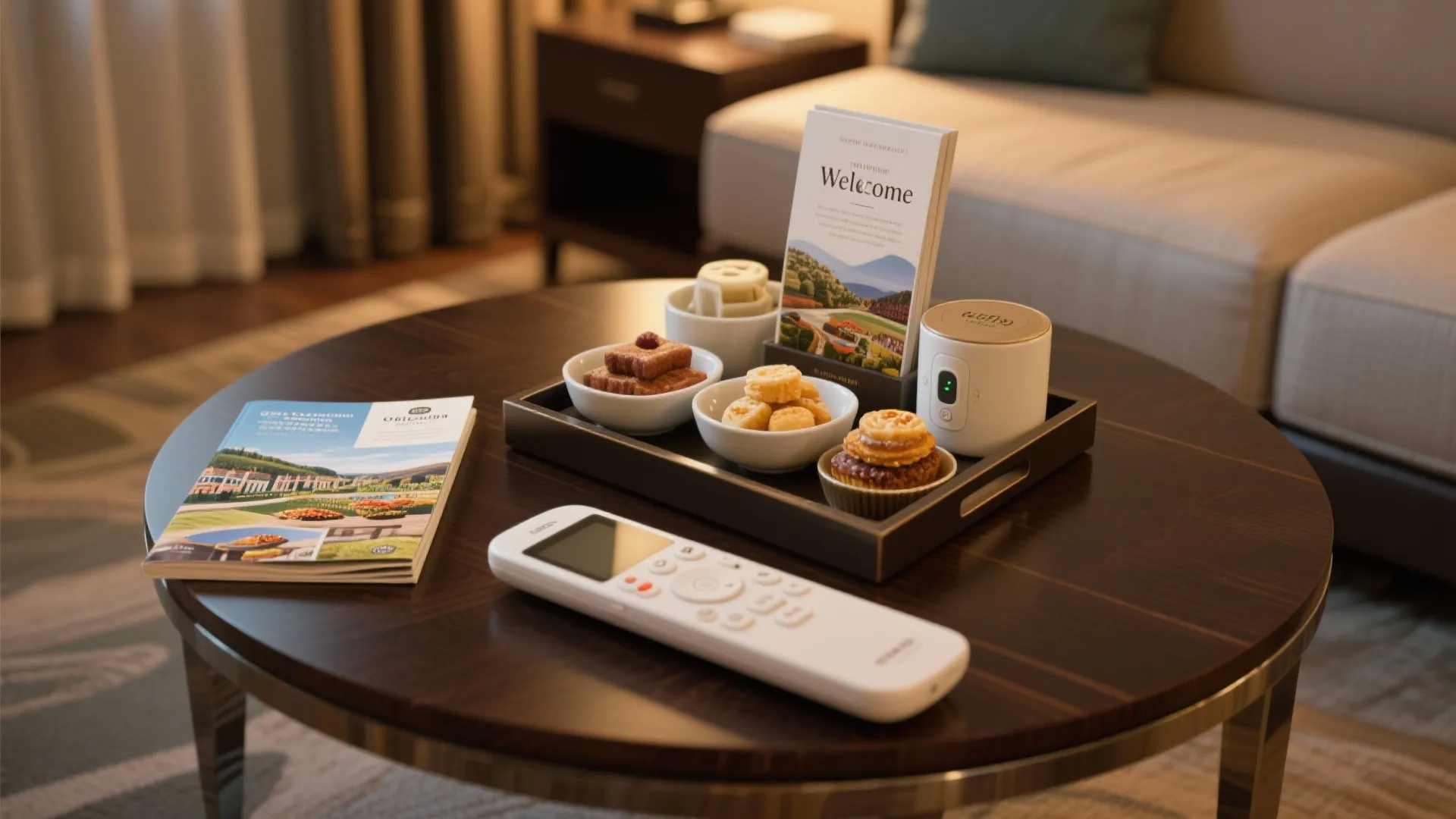 Hotel welcome tray on wooden coffee table with snacks, brochure, remote control, and a sofa