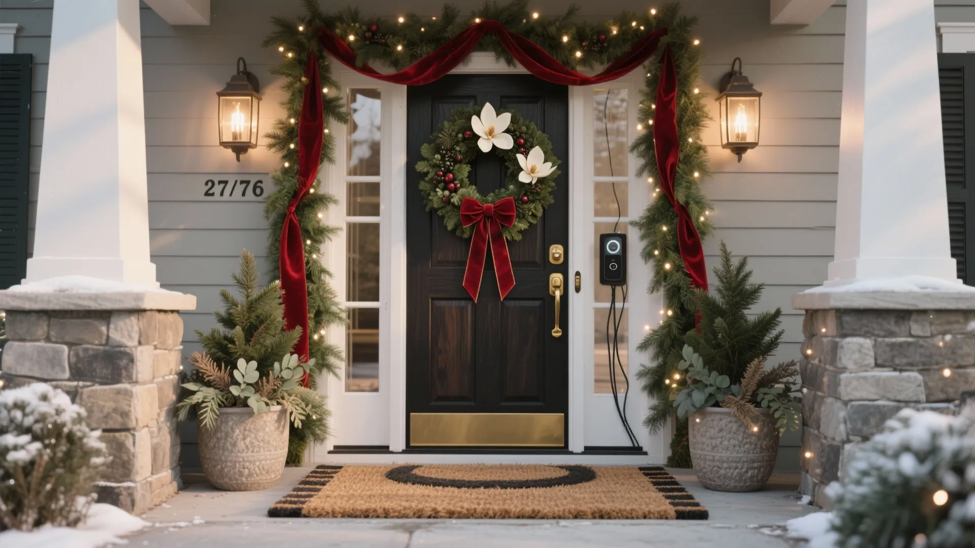 Dark front door decorated with green garland red ribbon lights floral wreath and potted plants