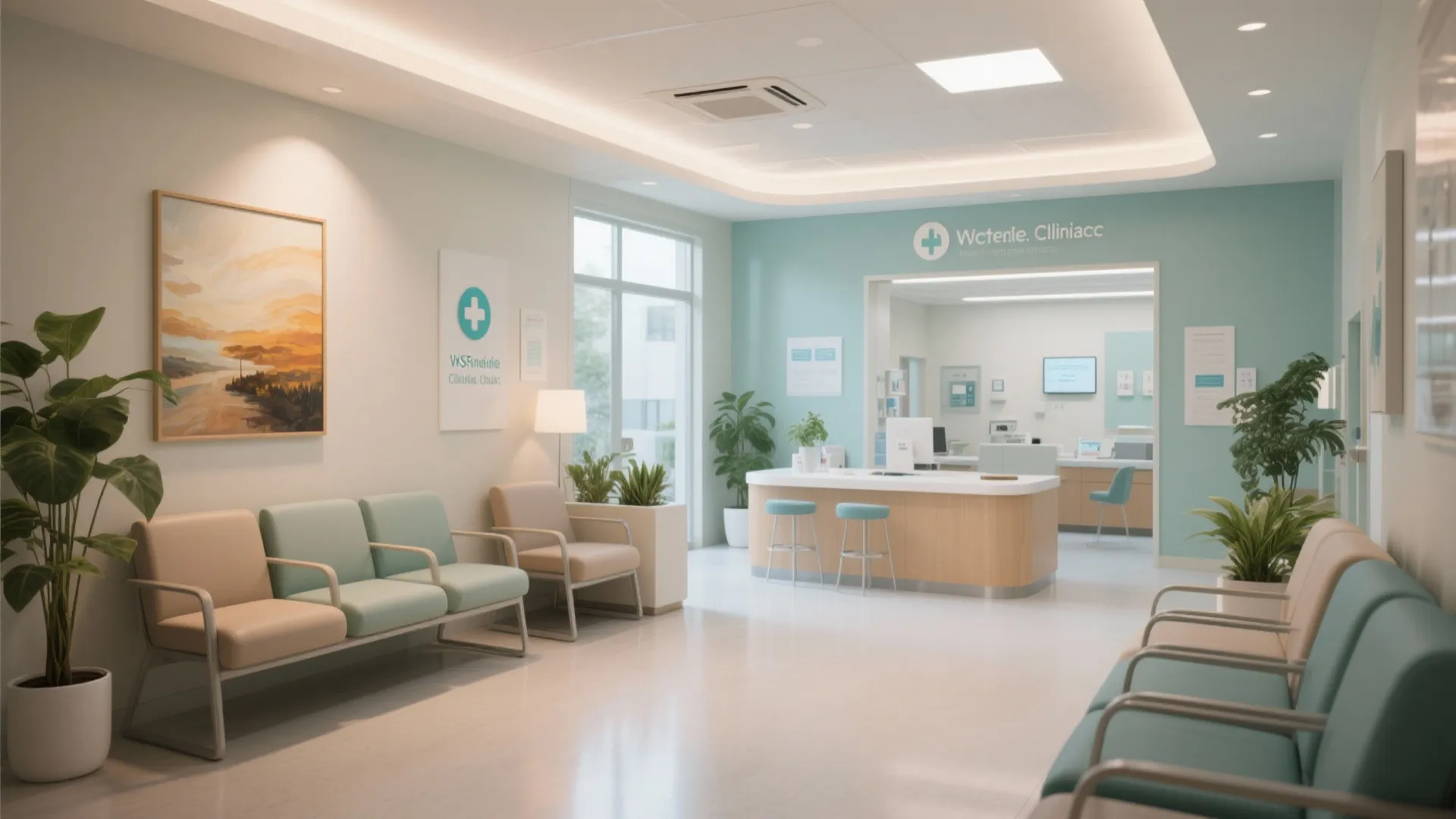 Modern medical clinic waiting area featuring teal and beige seating with wood desk and plants